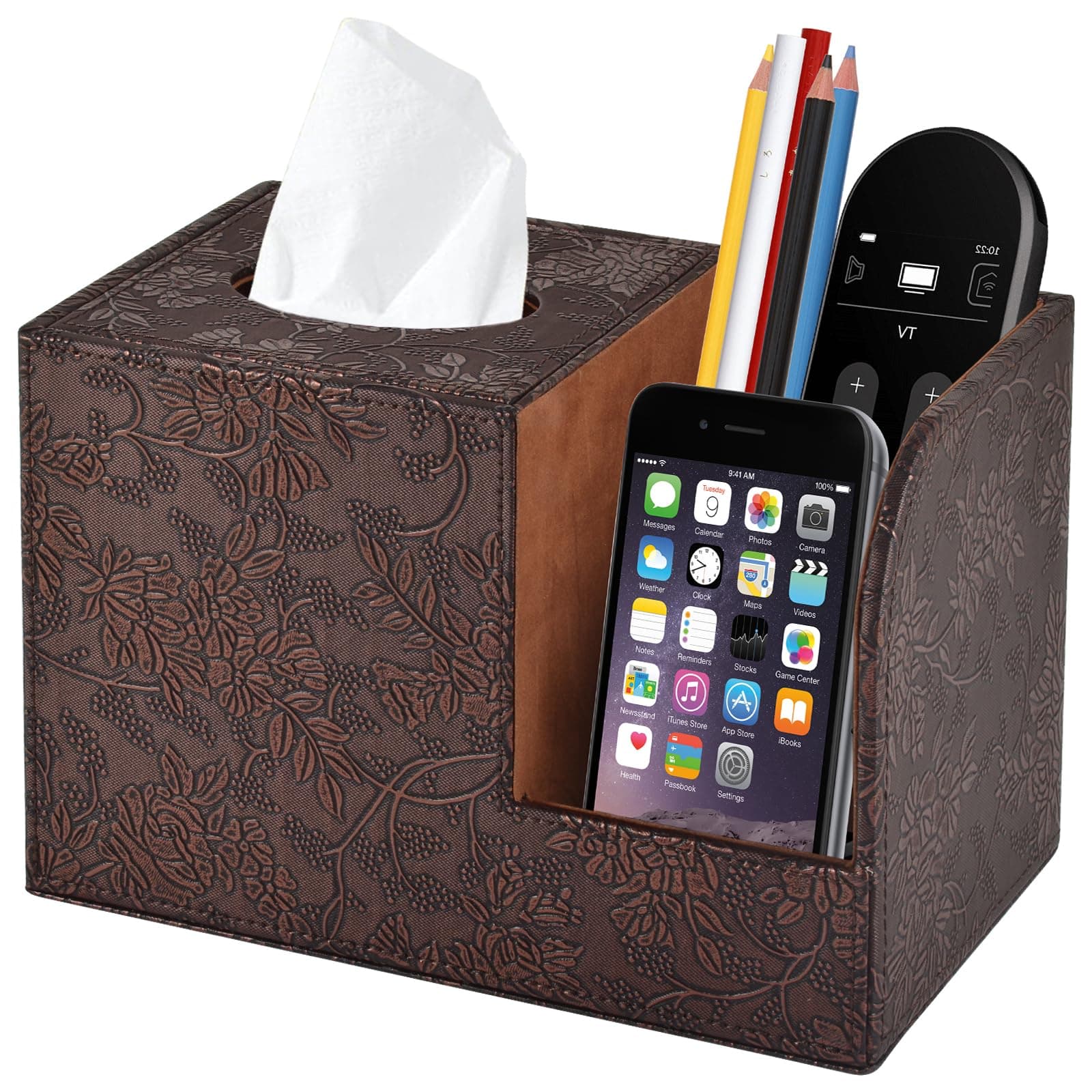 PU Leather Tissue Box Cover Square Tissue Holder Tissues Box Organizer with 2 Compartment,Remote Control Holder,Multifunctional Decorative Tissue Box Covers Cube,Home Office Desktop Storage Box,Retro