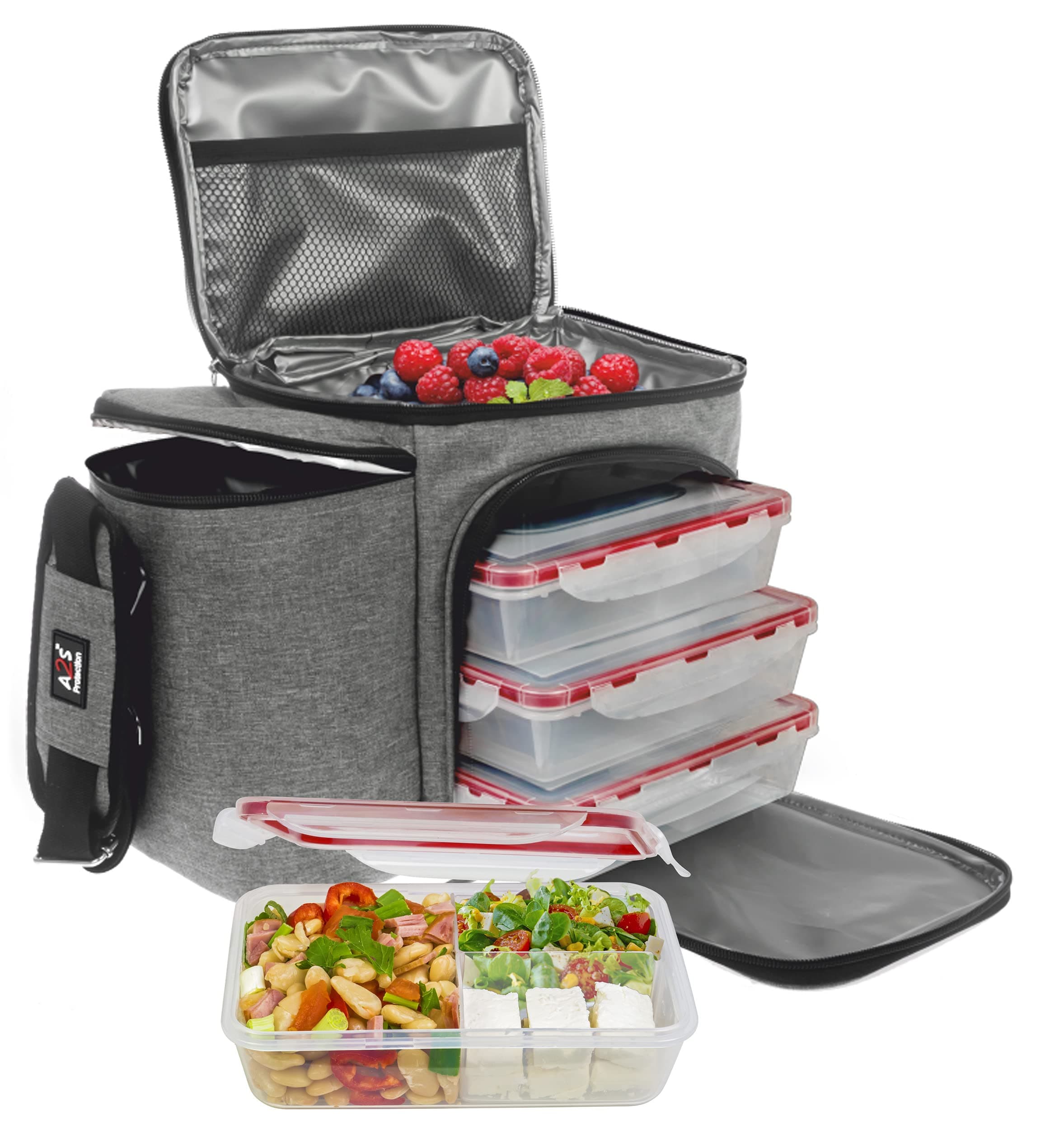 A2S Protection Meal Prep Lunch Box - 3 Piece Set - Insulated Lunch Box For Women or Men - 3 Bento Style Containers Inside Large Lunch Bag- BPA Free - Microwave/Dishwasher Safe - Gray/Black