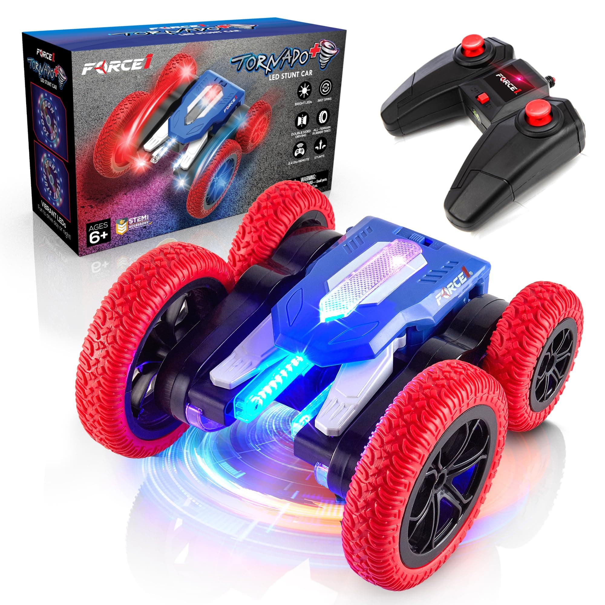 Force1 Tornado+ Remote Control Car for Kids- Double Sided Fast RC Cars with LED Interactive Display, 4WD Off-Road Stunt Car 360 Flips, All Terrain Tires, RC Crawler Rechargeable Battery, 2.4GHz Remote
