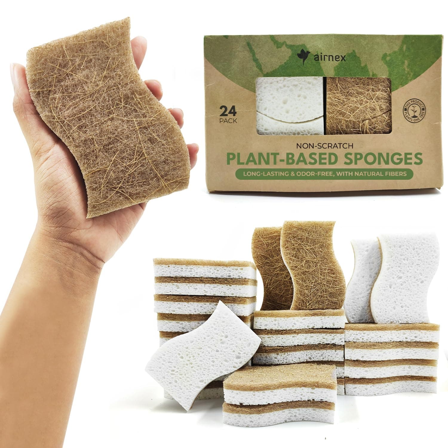 Biodegradable Natural Kitchen Sponge - Compostable Cellulose and Coconut Walnut Scrubber Sponge (24 Pack)