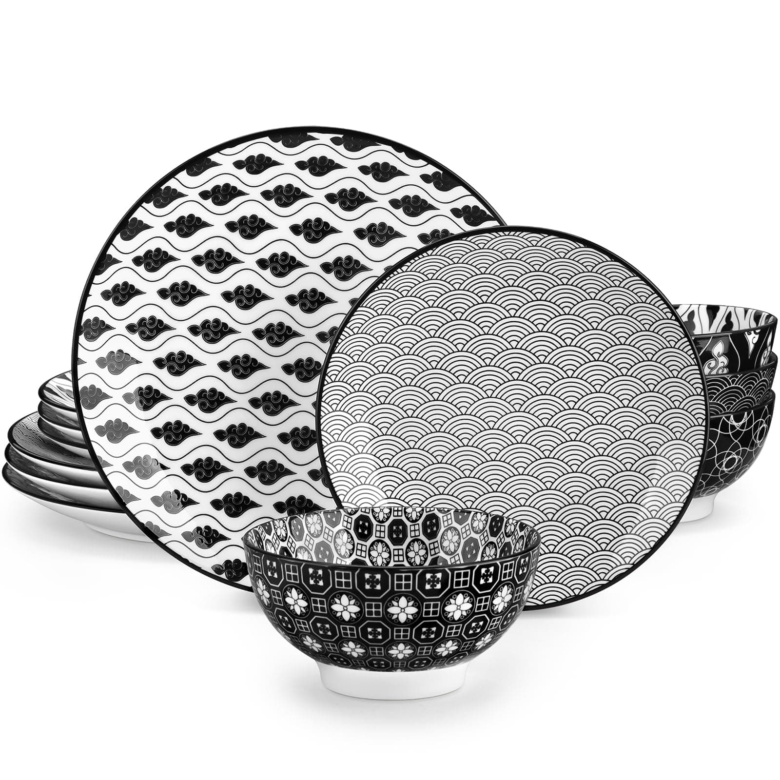 vancasso Haruka 12 Pieces Plates and Bowls Set, Ceramic Dinnerware Sets for 4, Black and White Porcelain Dishes Set