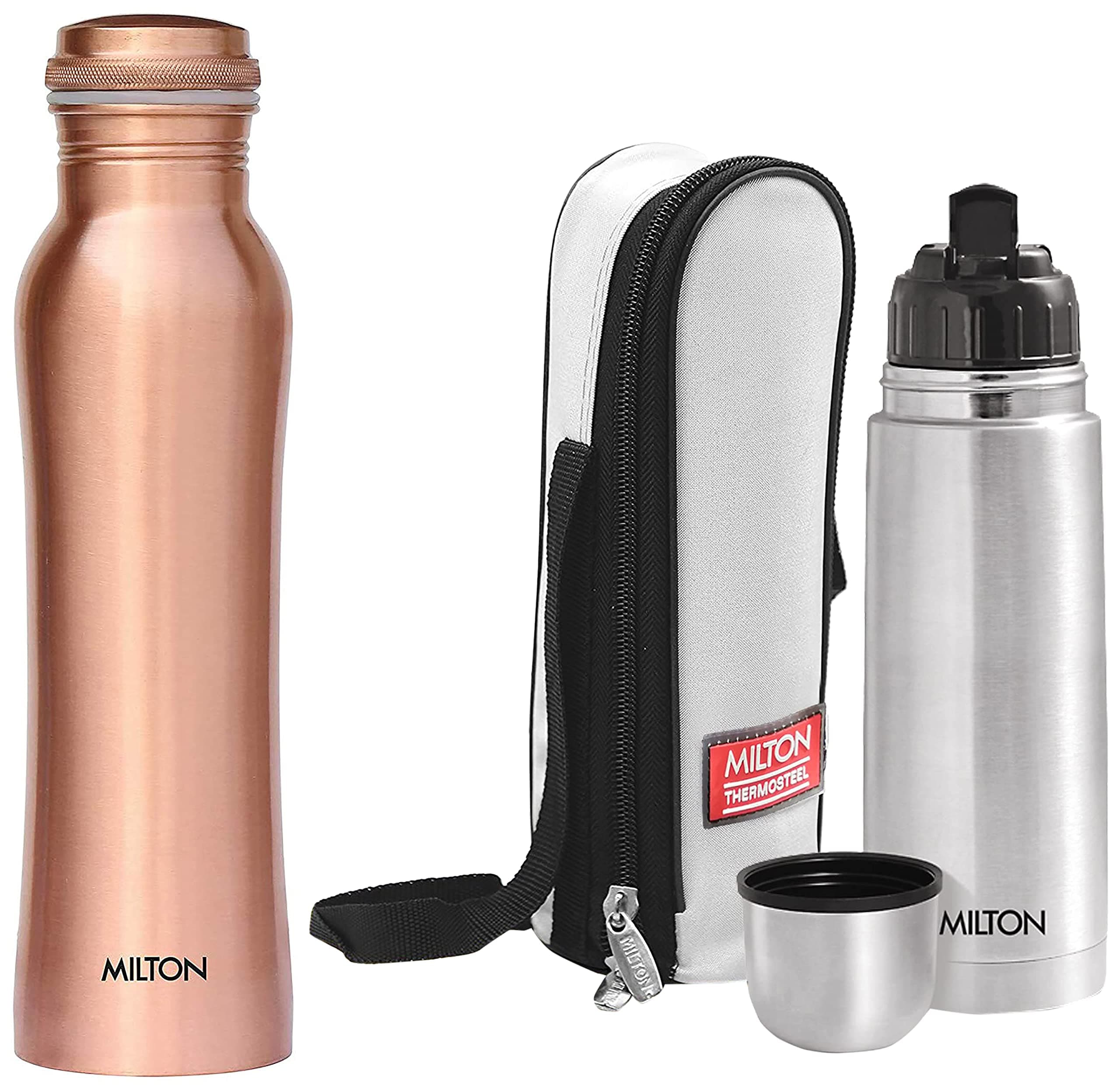Milton Copperas 1000 Copper Bottle, 920 ml, 1 Piece, Copper & Milton Thermosteel Flip Lid Flask, 350 milliliters, Silver