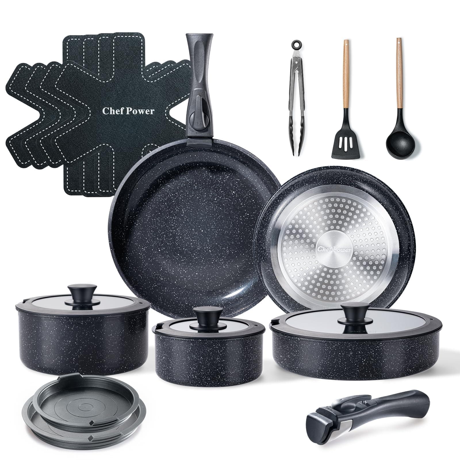 Ceramic Nonstick Cookware Set 19 Piece with Detachable Handle, Induction Dishwasher Oven Safe Pans and Pots Set, RV Kitchen Set Removable Handle, Rock Stone Black