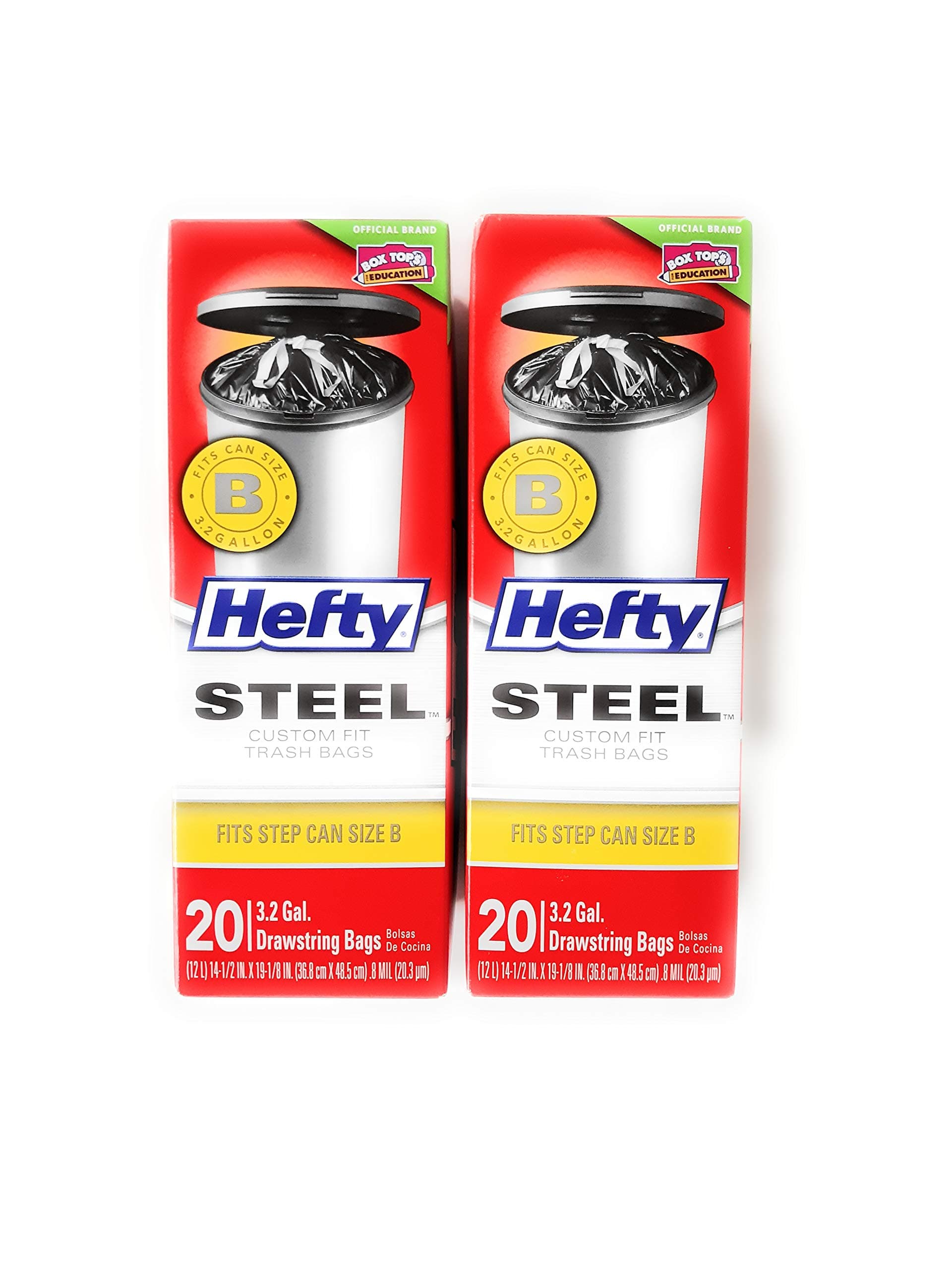 Hefty Steel Trash Bags, 3.2 Gallon Capacity, 2 Boxes with 20 Bags Each, Custom Fit for Steel Step Can Size B