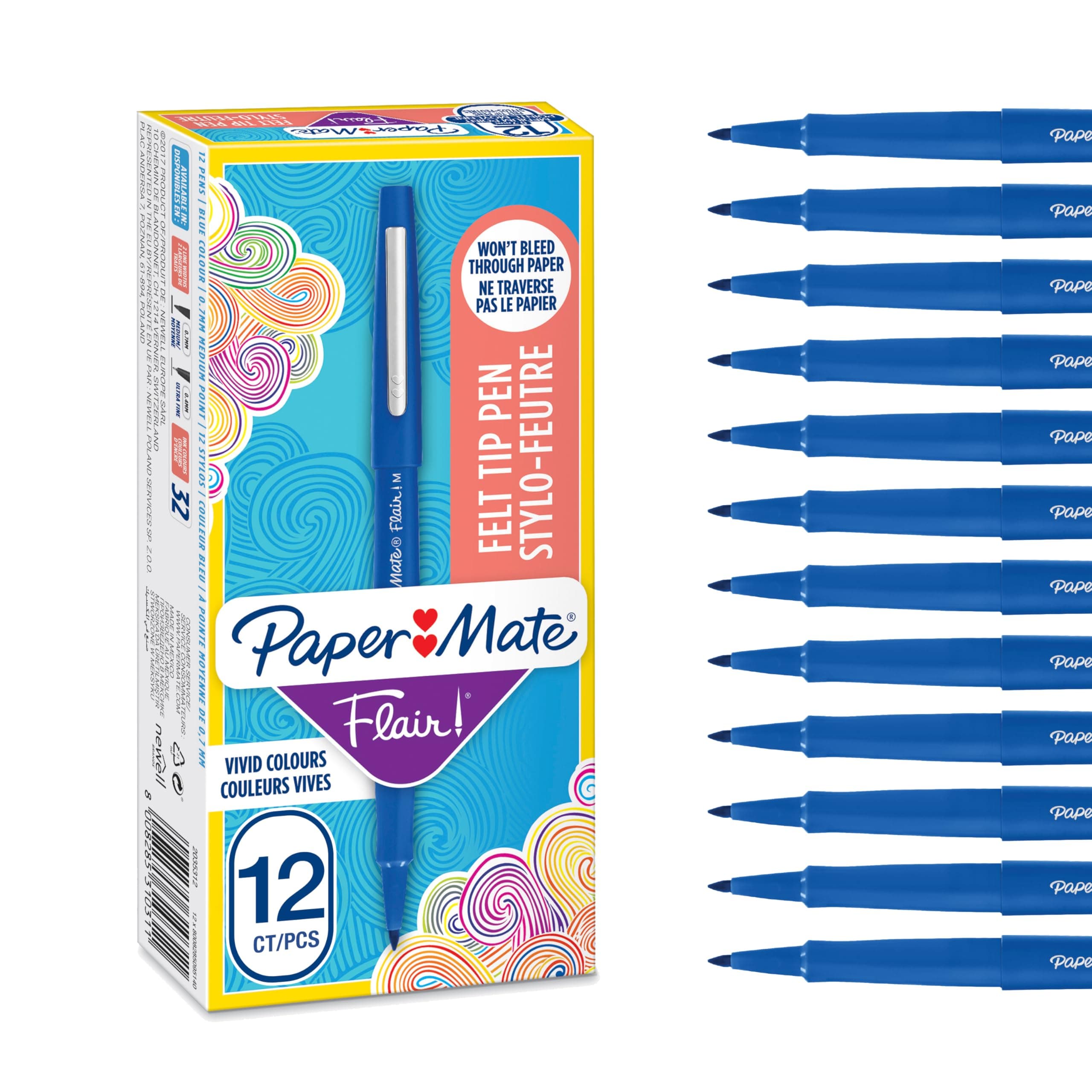 Paper Mate Flair Felt Tip Pens | Medium Point (0.7 mm) Writing Pens | Blue Pens | for Writing, Drawing & Sketching | 12 Count