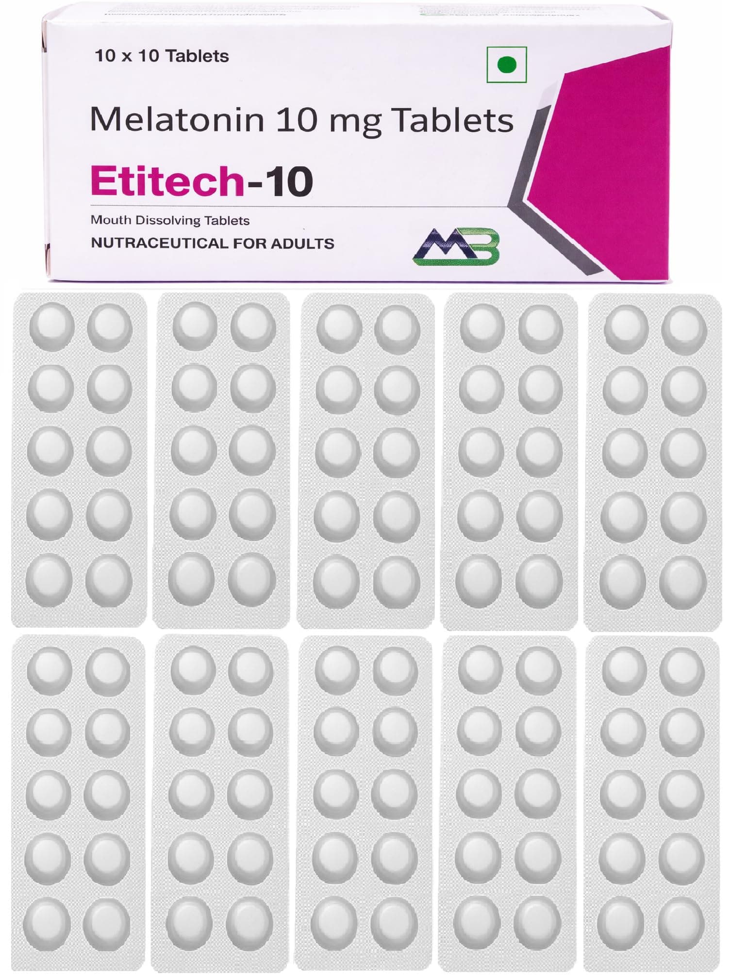 Etitech-10 Melatonin 10mg Mouth Dissolving/Chewable Tablet Vanilla Flavour | Natural Sleeping pills for Restful Deep Sleep | 100 Tablets (10x10)