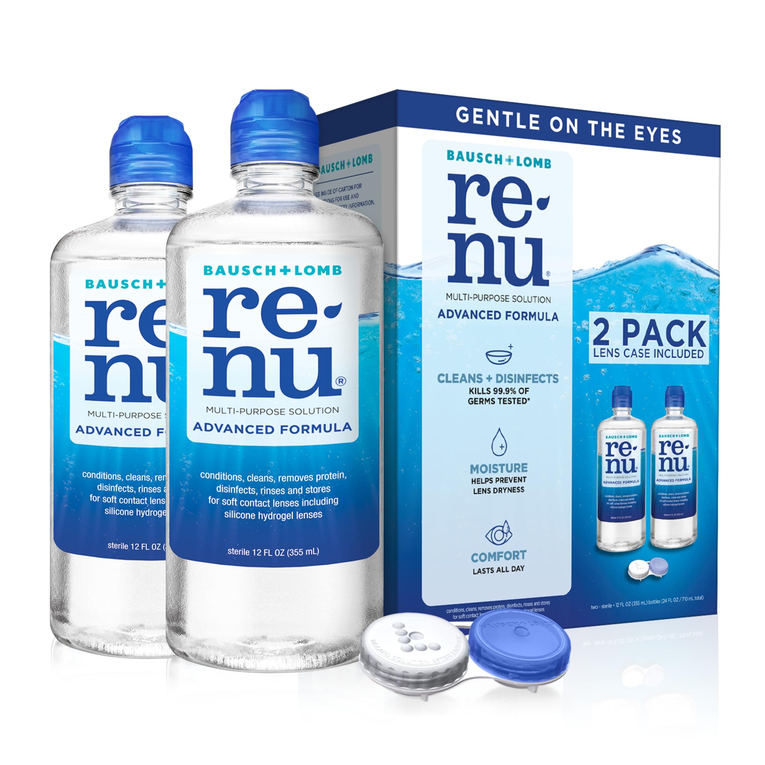 Renu Contact Lens Solution, Advanced Formula, Multi-Purpose Solution with Lens Case, Gently Cleans, Disinfects, Moisturizes & Hydrates Soft Lenses for All-Day Comfort, 12 Fl Oz (Pack of 2)