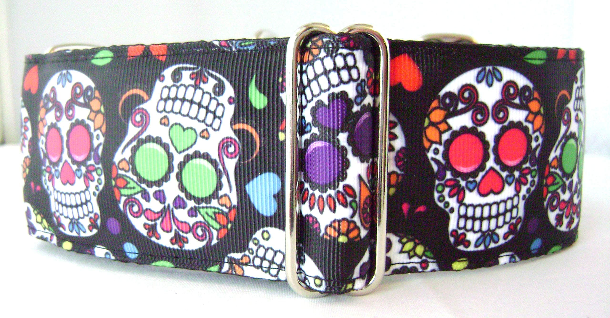 2 inch Wide Martingale Dog Collar, Lined, 2 Sizes, Black Sugar Skulls (Large/XL 17-26"17-26")