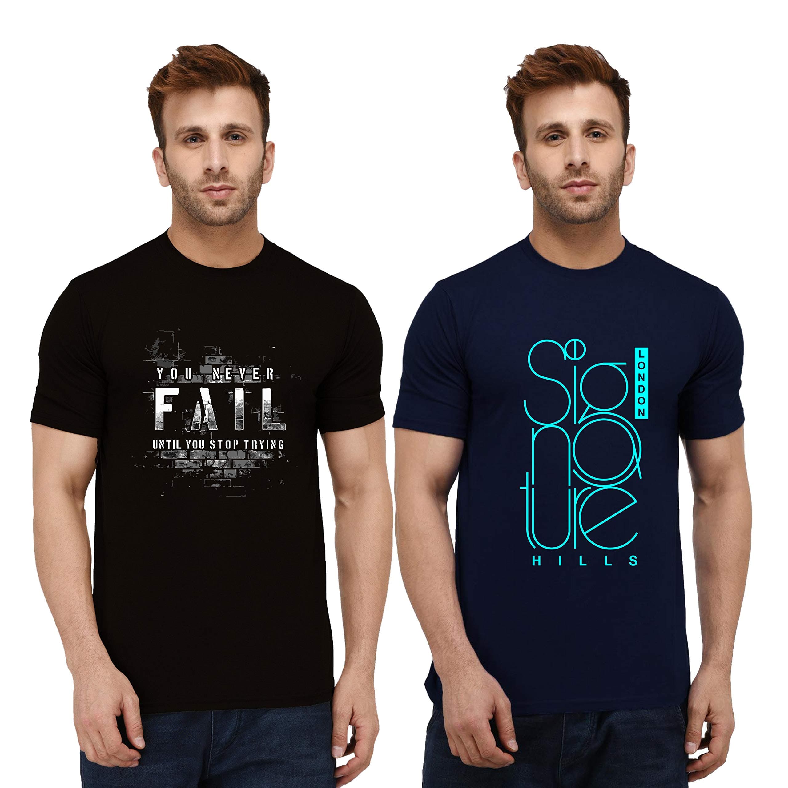 London Hills Men Solid Half Sleeve Round Neck Cotton Blend Printed Regular Fit T-Shirt (Pack Of 2)