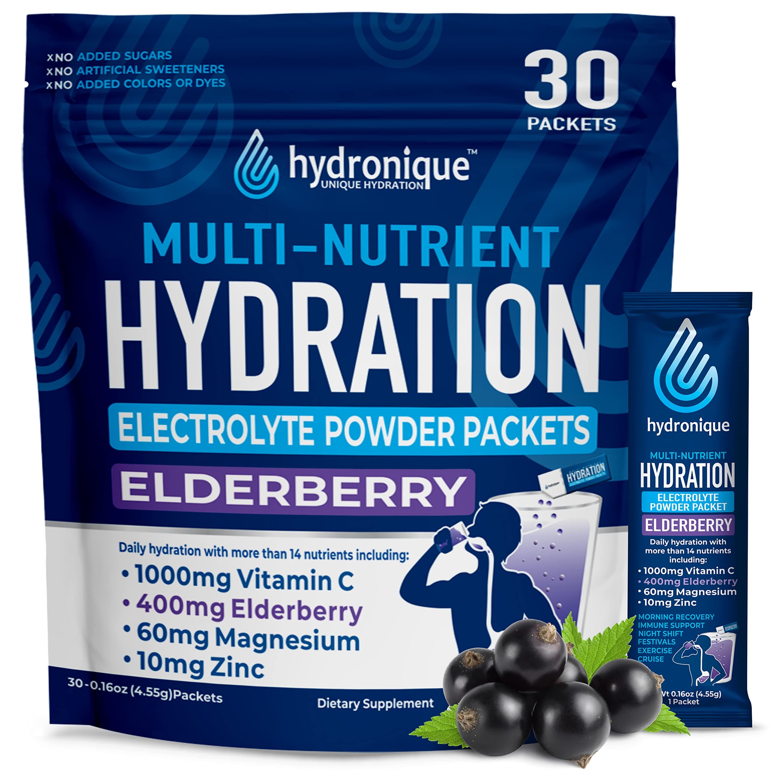 Hydronique Hydration Packets | Low Sodium Electrolytes Powder | 54mg Sodium | Vitamins, Minerals, Antioxidants | Elderberry Flavor (30 Packs)