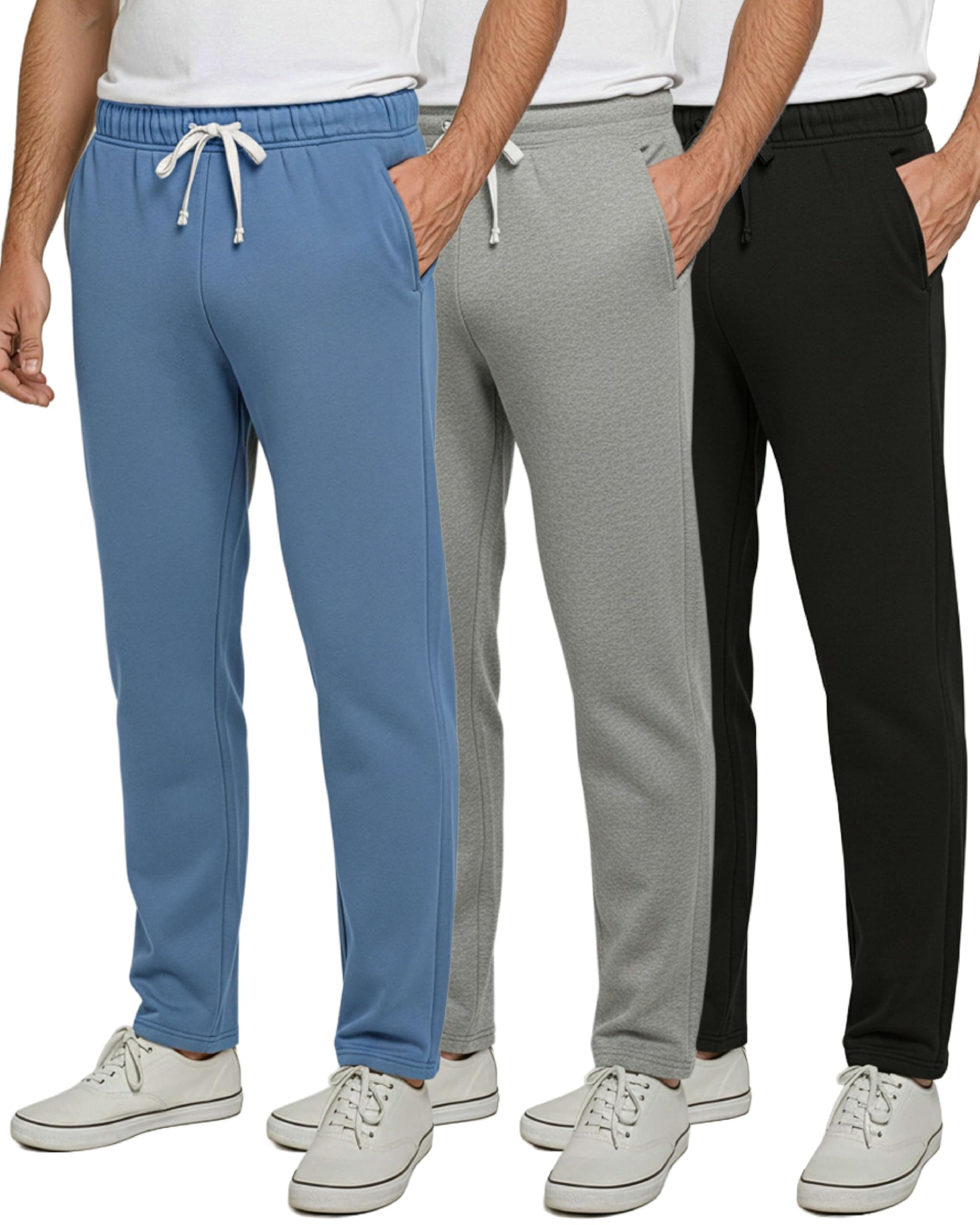 Real Essentials 3 Pack: Men's Tech Fleece Athletic Casual Open Bottom Sweatpants with Pockets (Available in Big & Tall)