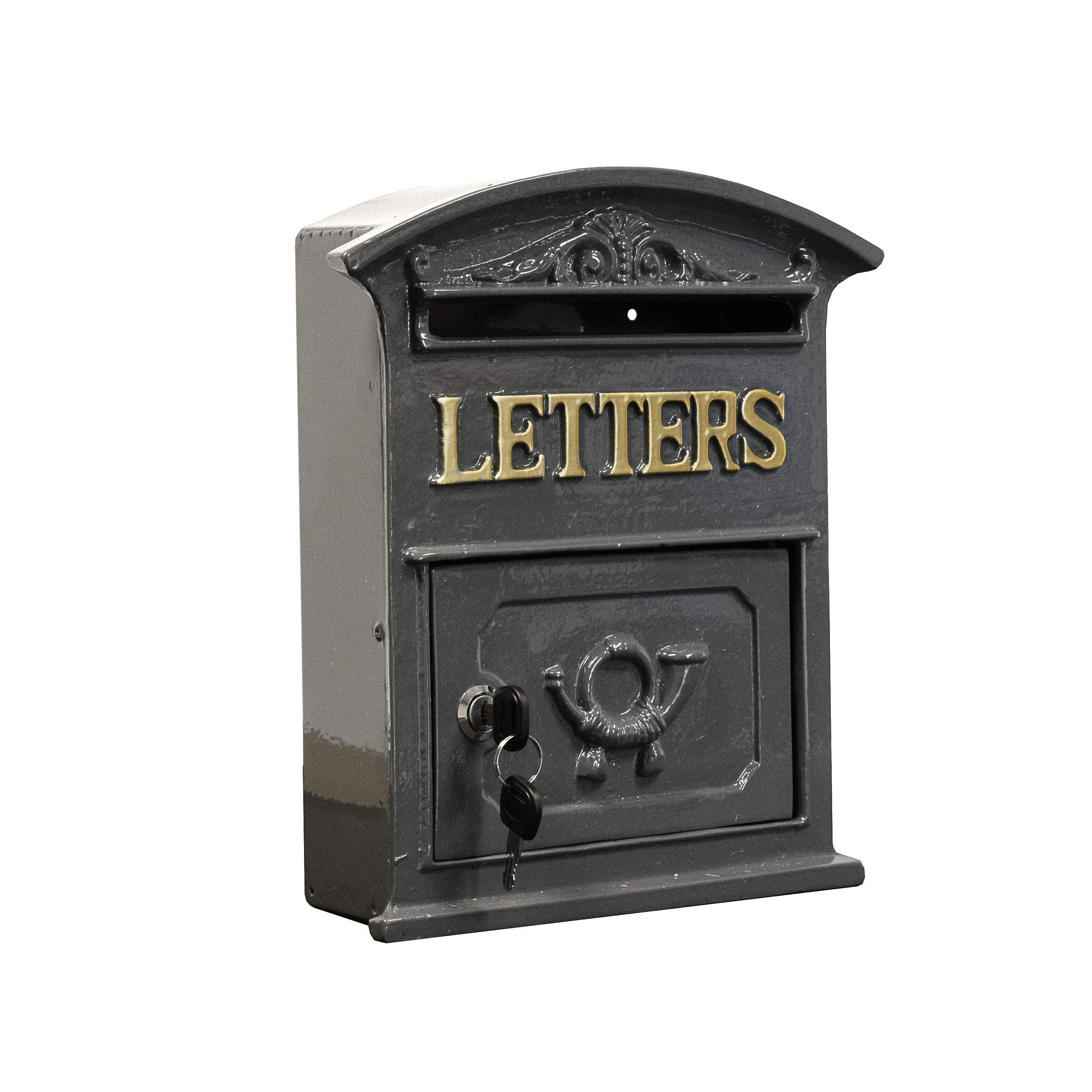 Aljec Grey Post Box Outdoor Lockable Wall Mounted Letterbox Vintage Style Mailbox With Gold Lettering Easy To Install