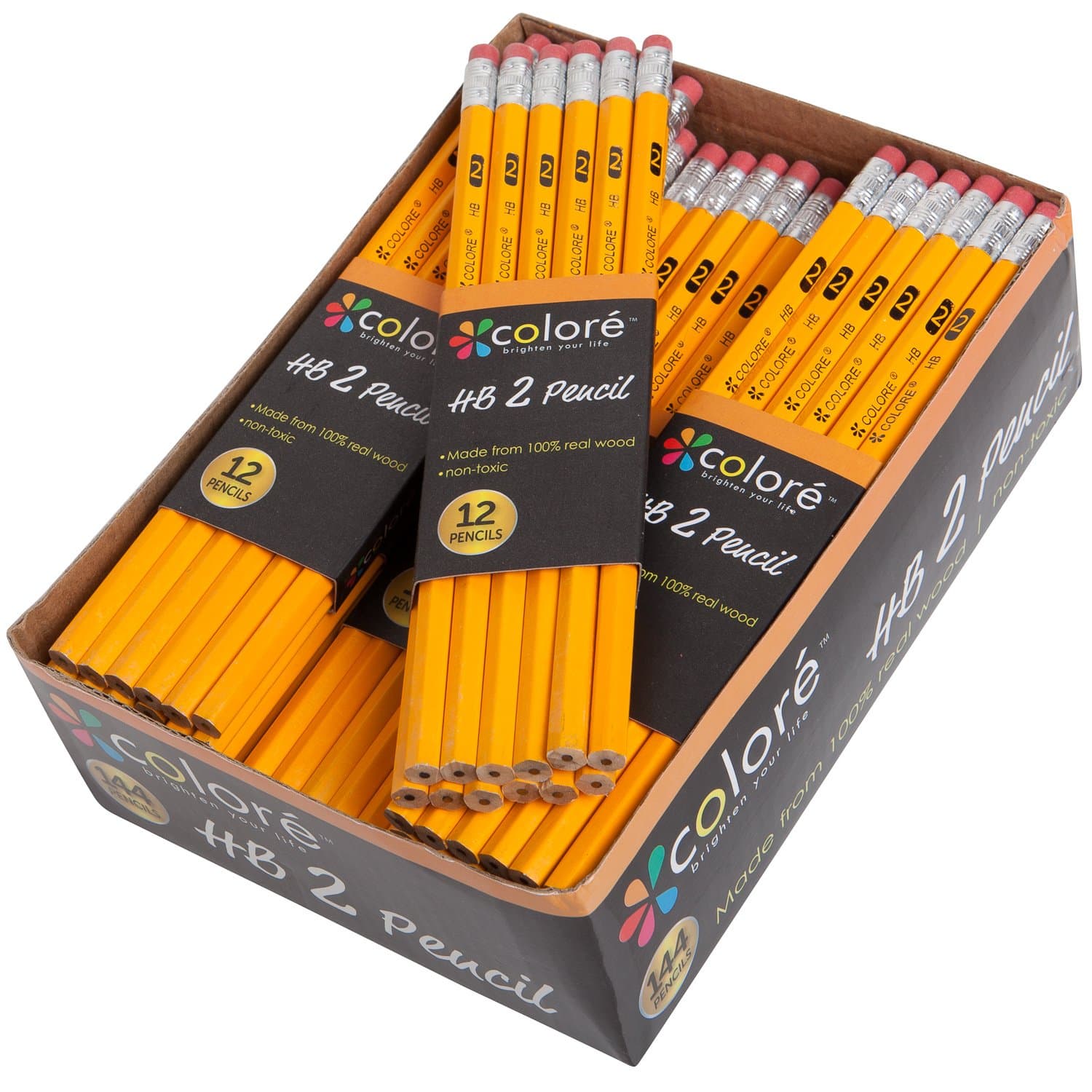 Colore #2 Pencils with Eraser Tops - High Quality HB Graphite/No 2 Yellow Wood Pencil Great School Art Supplies for Writing, Drawing & Sketching with Rubber - Suitable for Kids & Adults - 144 Count