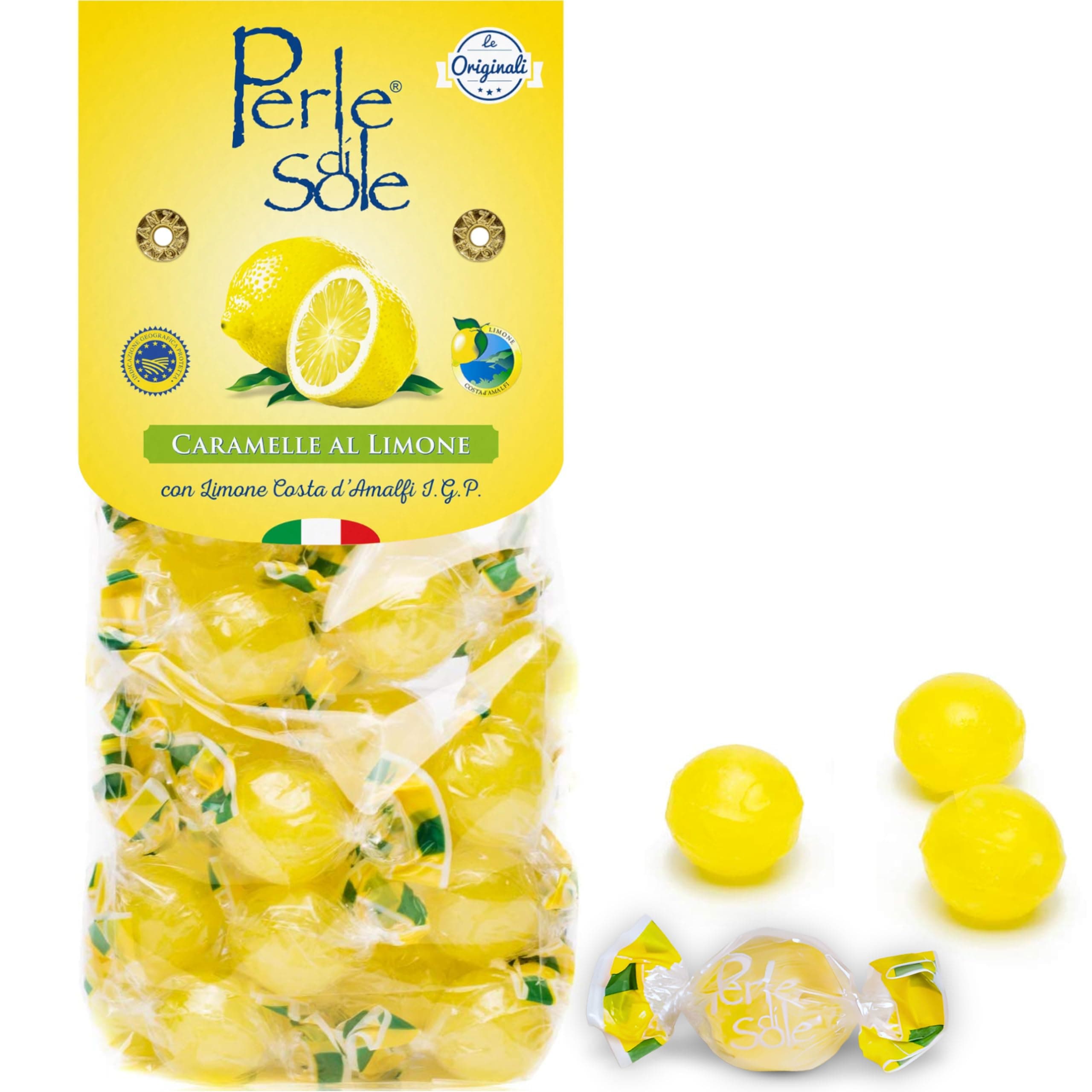 Perle di Sole Italian Lemon Drops Hard Candy Individually Wrapped (7.05 oz) Made with Essential Oils of Amalfi Coast P.G.I. Lemon - Italian Imported Gifts From Italy