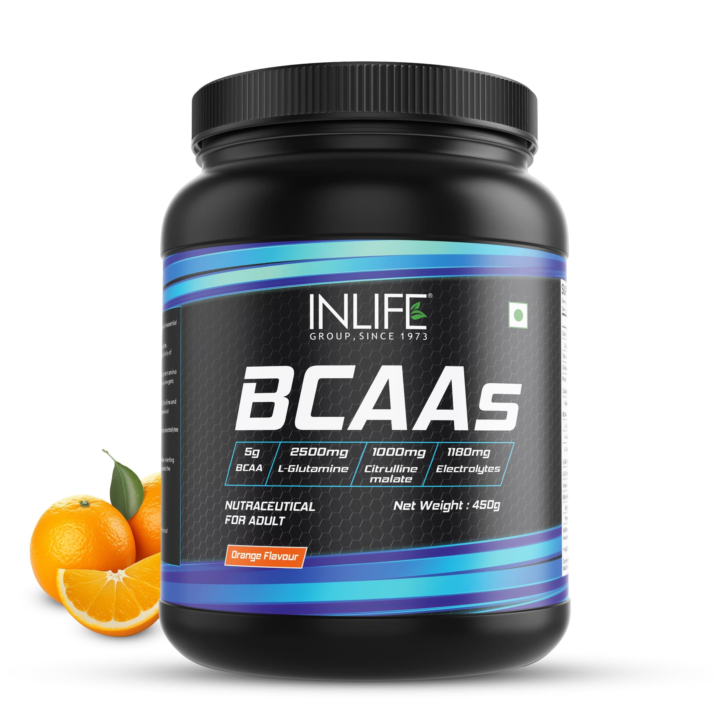 INLIFE BCAA Supplement 7g Amino Acids Instantized for Pre Post & Intra Energy Drink for Workout, 2.5g L-Glutamine,1g Citrulline Malate, 1180mg Electrolytes Powder (Orange, 450g)