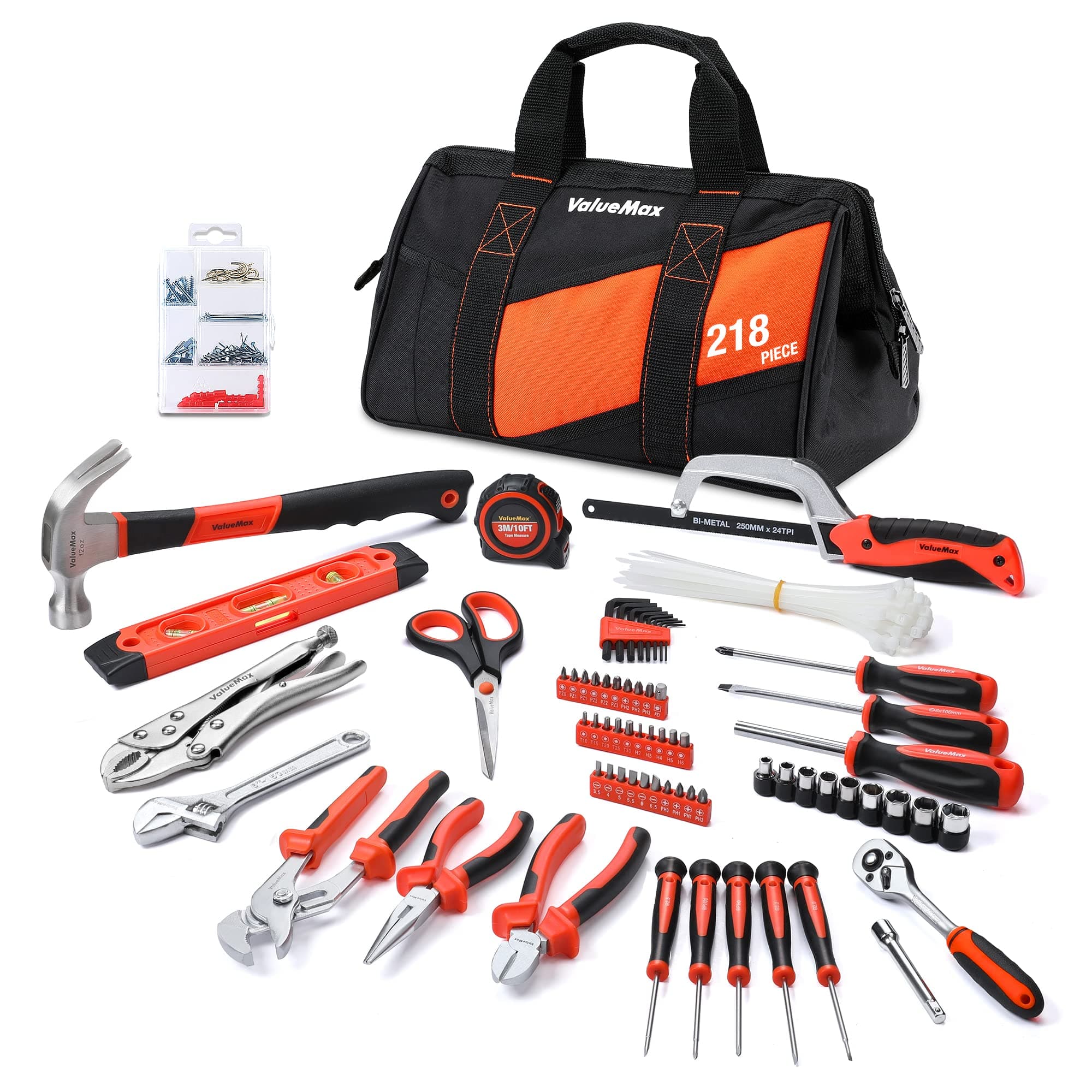 ValueMax 218PC Home Tool Kit with 13-Inch Tool Bag, Household Repair and DIY Tool Set, Including Pliers Set, Metric Sockets Set, Ratchet Wrench, Bits Set, Screwdrivers, Hammer, Tape Measure, Hacksaw