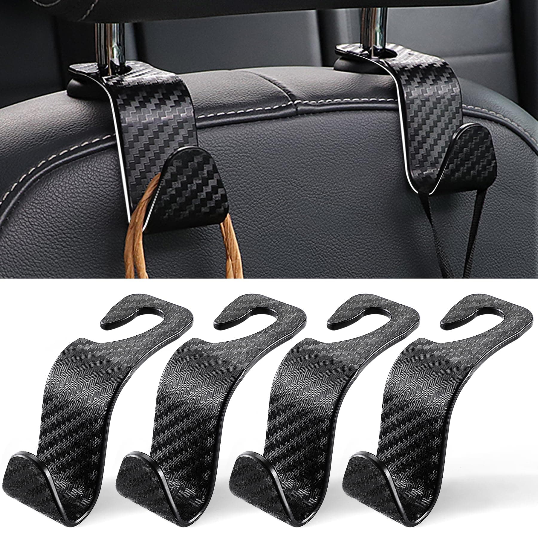 LivTee Car Purse Hook, Headrest Hook for Car, 4 Pack Universal Auto Car Seat Headrest Hook Hangers Organizer for Purse Coat Umbrellas Grocery Bags Handbag, Car Accessories - Carbon Fiber Black