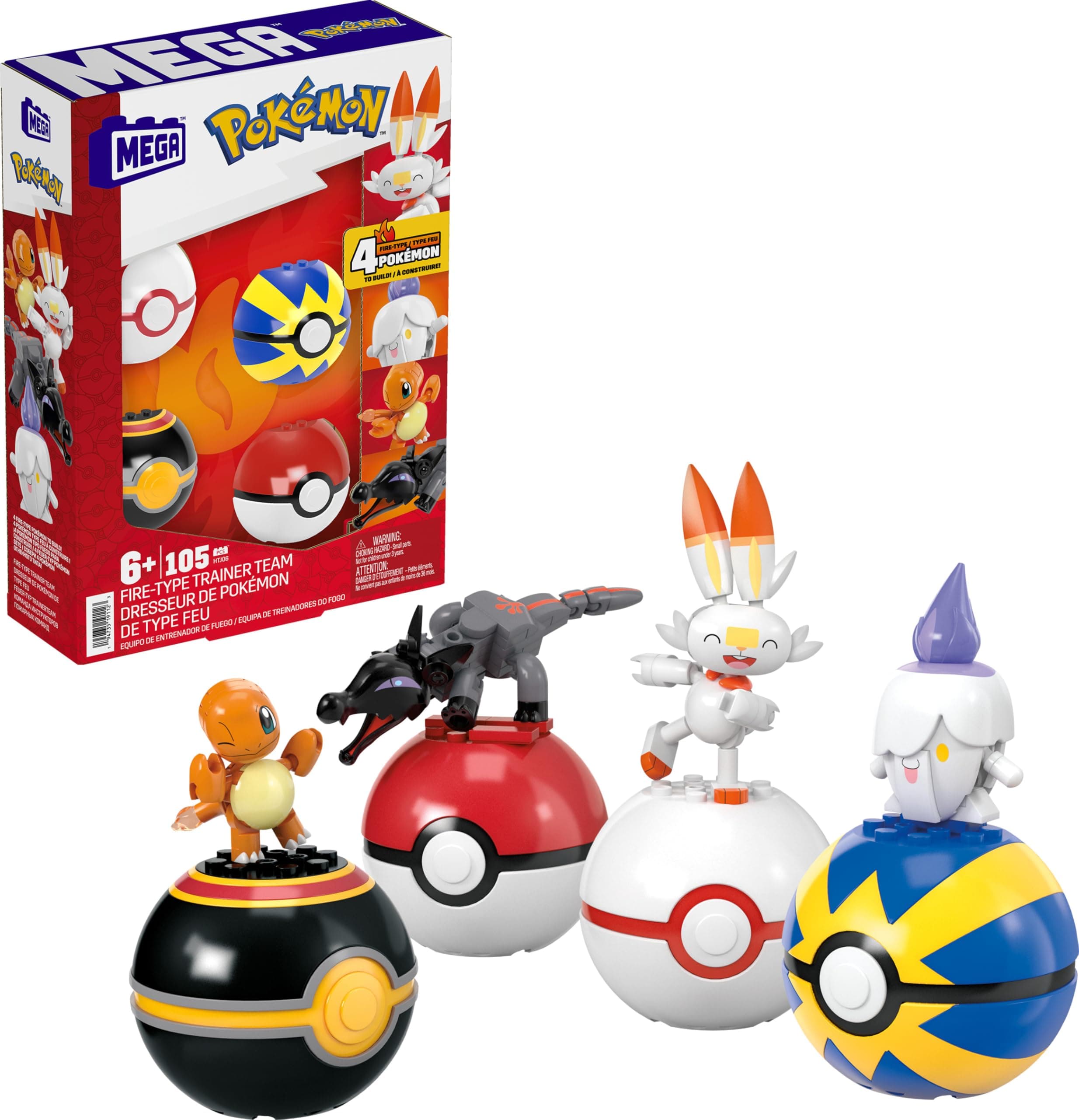 MEGA Pokémon Building Toys Set Fire-Type Trainer Team with 105 Pieces, 4 Poseable Character, 2 Inches Tall, for Kids