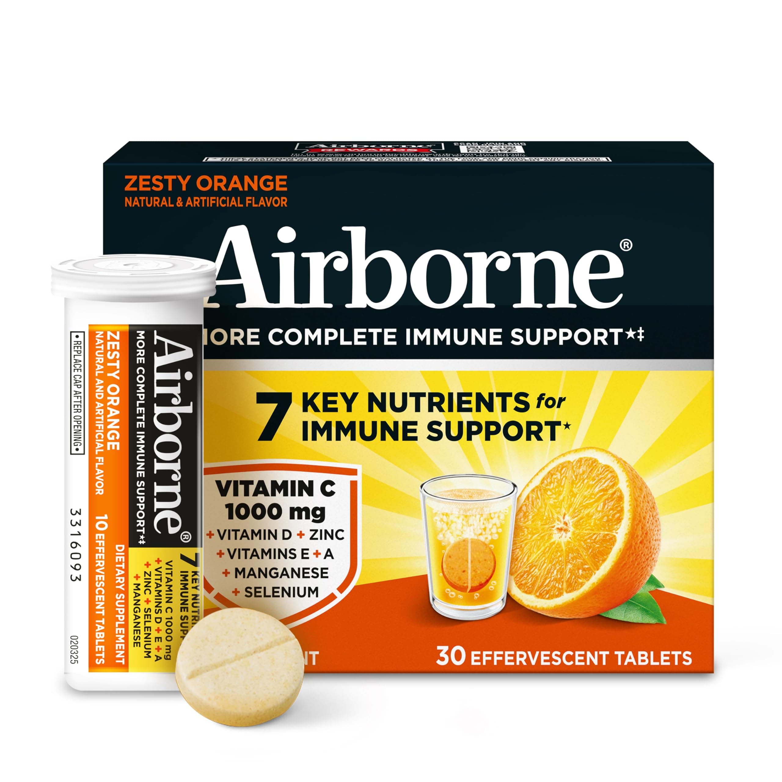 Airborne Vitamin C 1000mg Immune Support Supplement, Effervescent Formula, Orange, 30 Count