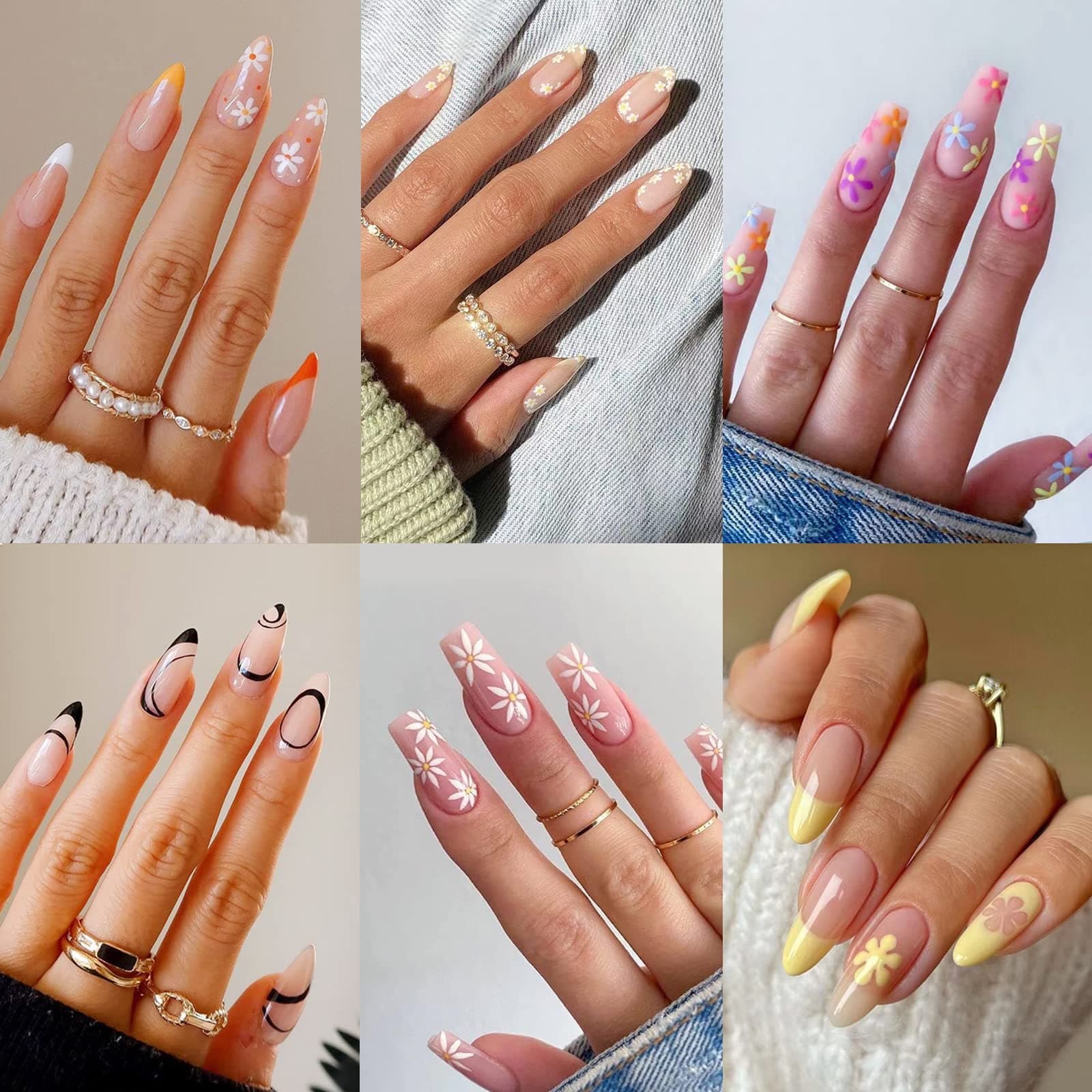 6 Packs (144 Pcs) Press on Nails Medium Design, Misssix Short Fake Nails Almond Glue on Nails Set with Adhesive Tabs Nail File for Women