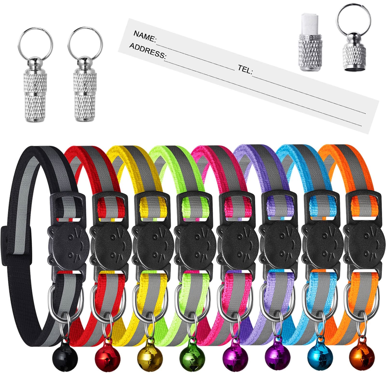 Extodry Safety Cat Collars Quick Release,Reflective Kitten collar with Bells,Adjustable 7.5''-12.5'',Suitable for Domestic (8 Colors & 2 pack Anti-Lost Tags)