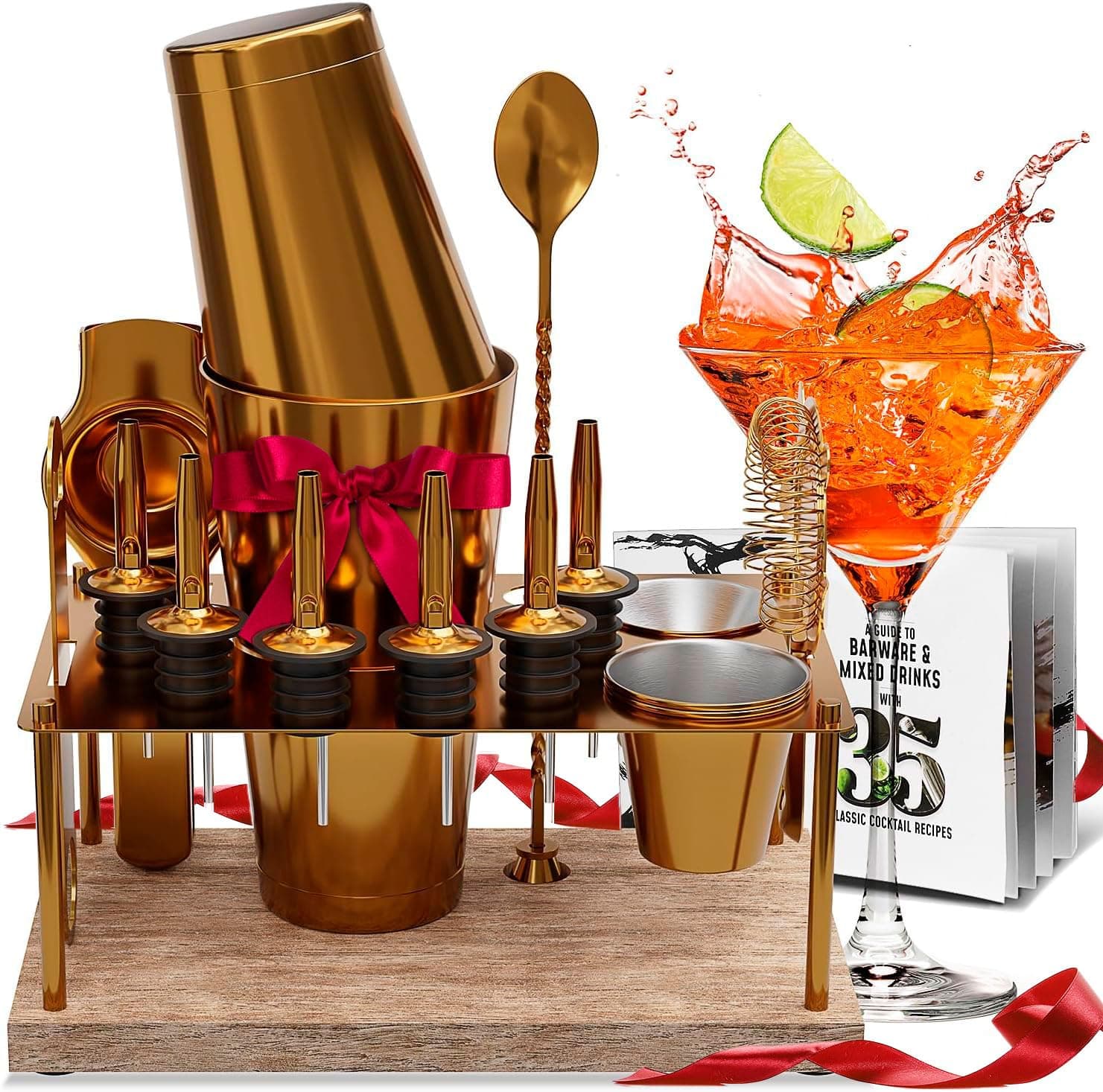 Bar Set Cocktail Shaker Set Bartender Kit, 17 Piece Gold Cocktail Set, Mixology Bartender Kit with Wood Stand, Steel Cocktail Kit, Bar Accessories: 30oz Martini Shaker, Muddler, Cocktail Book & More
