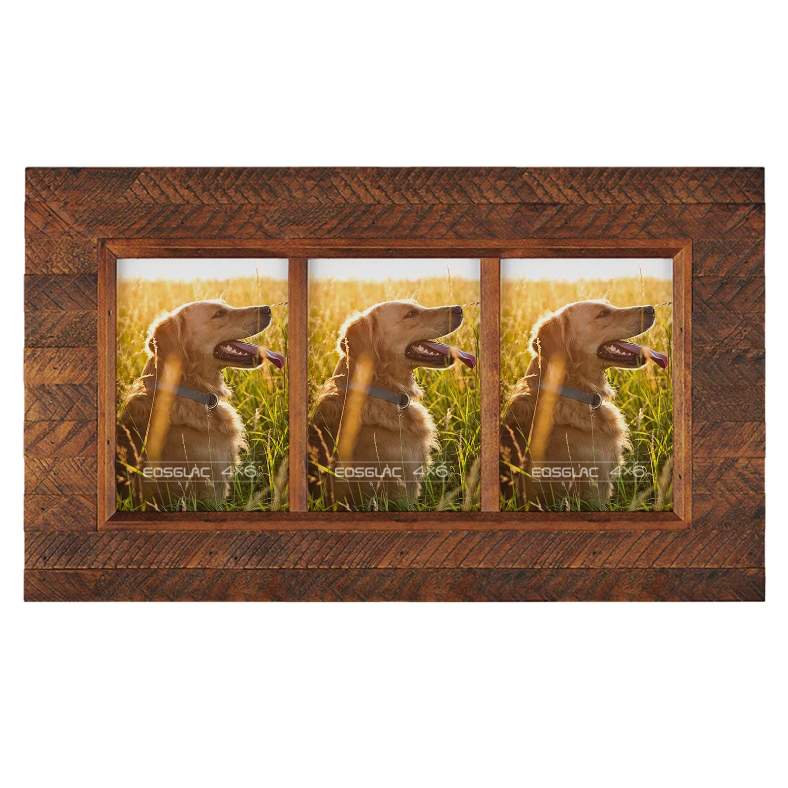 Eosglac Collage Picture Frame 4x6 3 Openings, Wood Plank Design with Rustic Brown Finish, Wall Mounting Display, Handmade Wooden Photo Frame