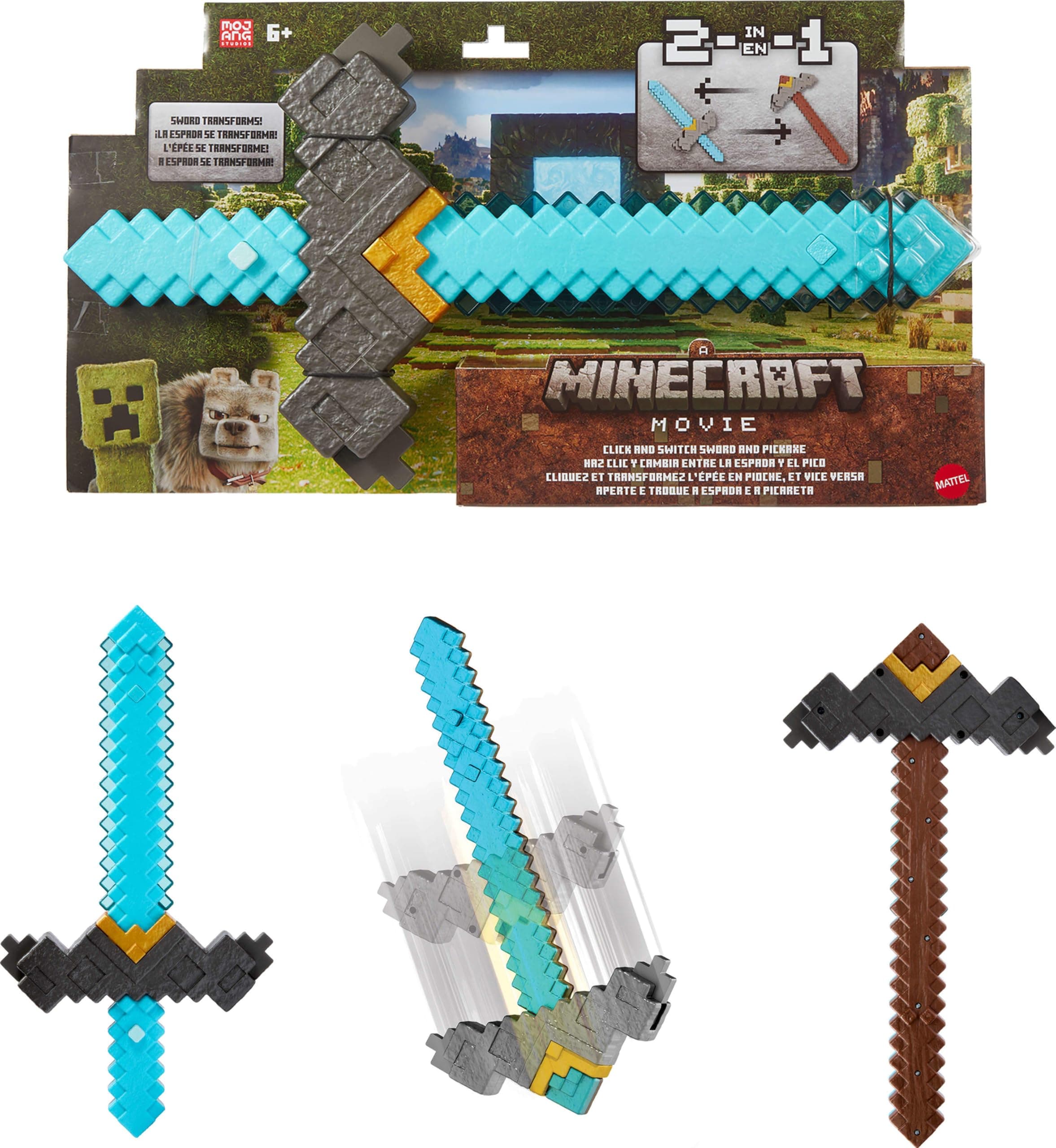 Mattel Minecraft Sword and Pickaxe 2-in-1 Toy, Button-Activated Click and Switch Role-Play Accessory Inspired by A Minecraft Movie