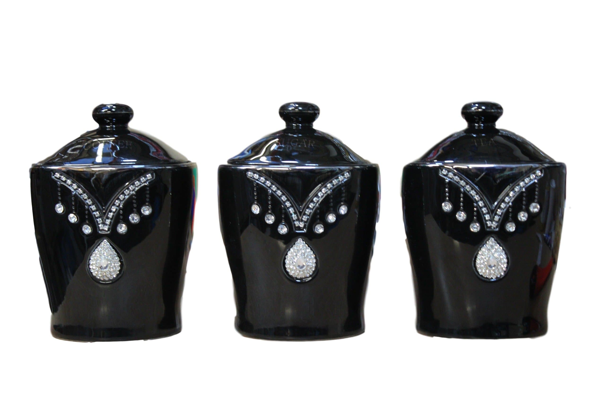 Tea Sugar Coffee Canister JAR Storage Set of 3 with Sparkling Crystal Diamante Elements