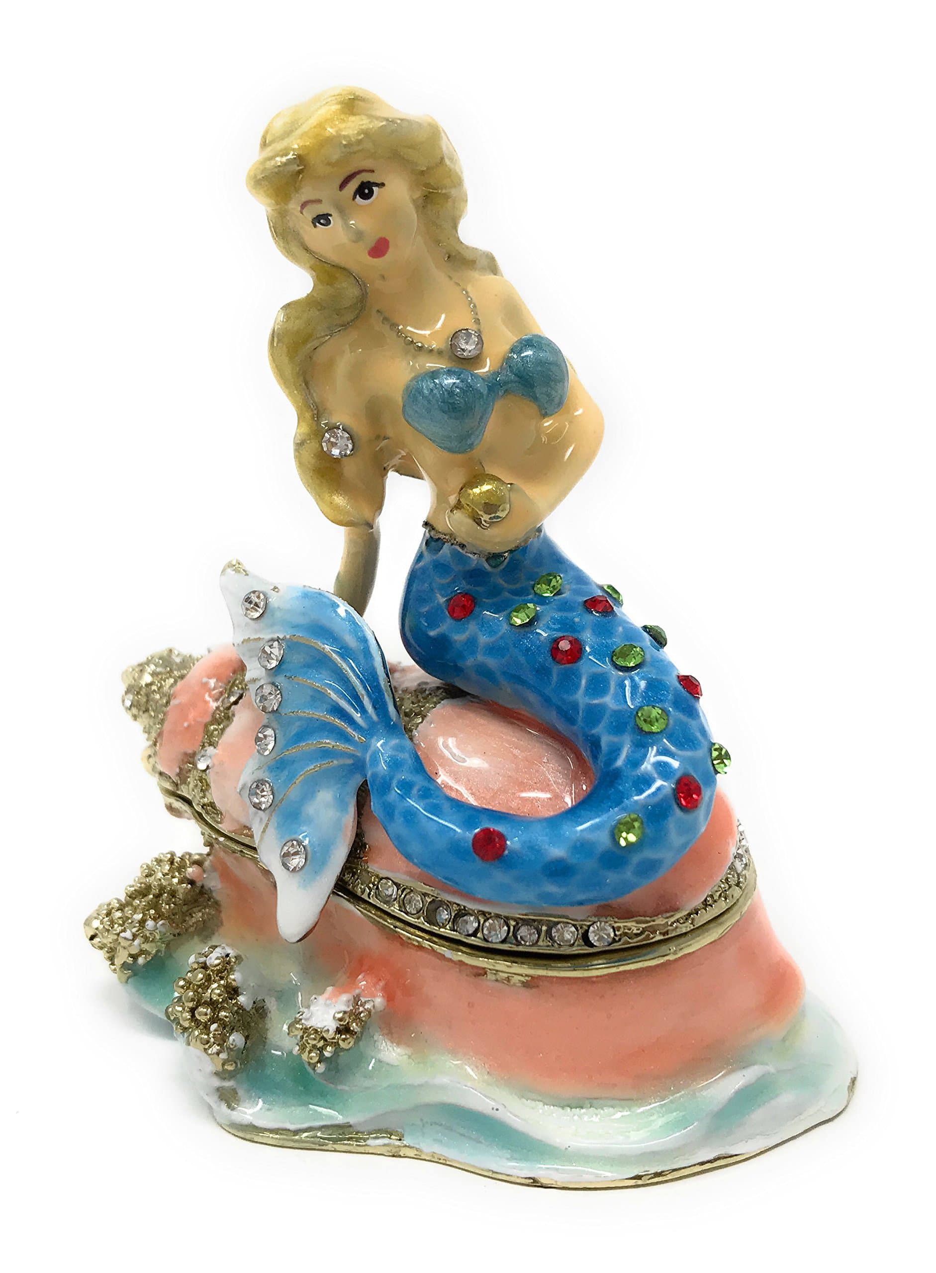 Enameled Mermaid on Conch Shell Trinket Box, Accented with Austrian Crystals