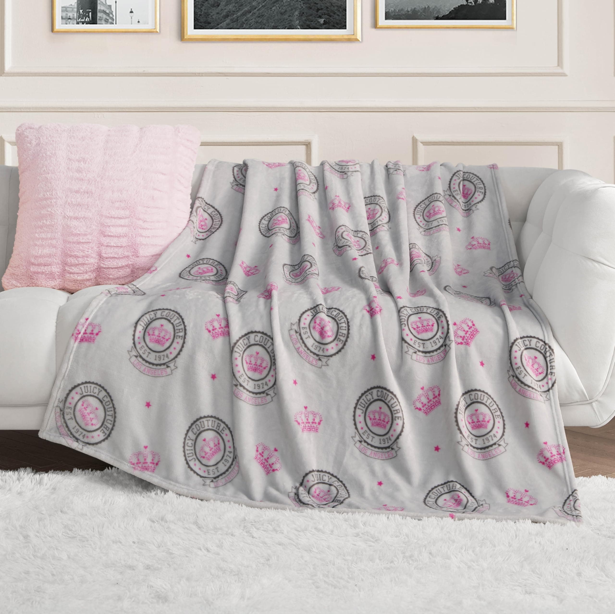 Throw Blanket | Juicy Emblem | Plush and Cozy | Decorative Blankets for Sofas, Chairs and Beds| Luxurious and Soft | Chic Home Décor | Measures 50” x 70” | Pink/Black/White