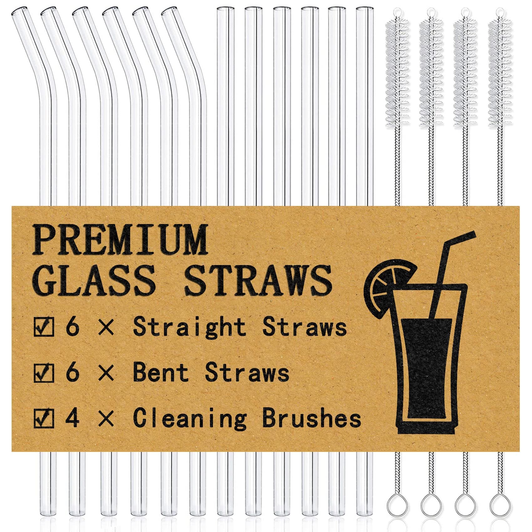 Piteno® 12Pcs Glass Straws with 4Pcs Brushes, Reusable Clear Glass Drinking Straws, 8.5''x10MM, Set of 6 Straight and 6 Bent with 4 Cleaning Brushes, Perfect for Smoothies, Milkshakes, Juice, Tea