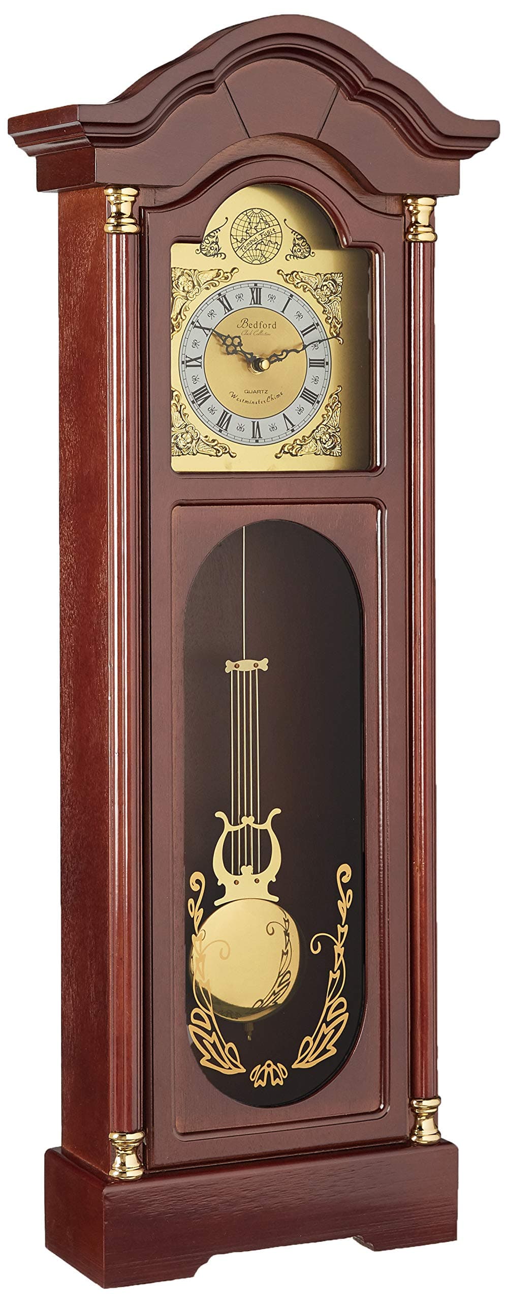 Bedford Clock Collection Antique Cherry Oak Finish Chiming Wall Clock with Roman Numerals, 33.3" Length