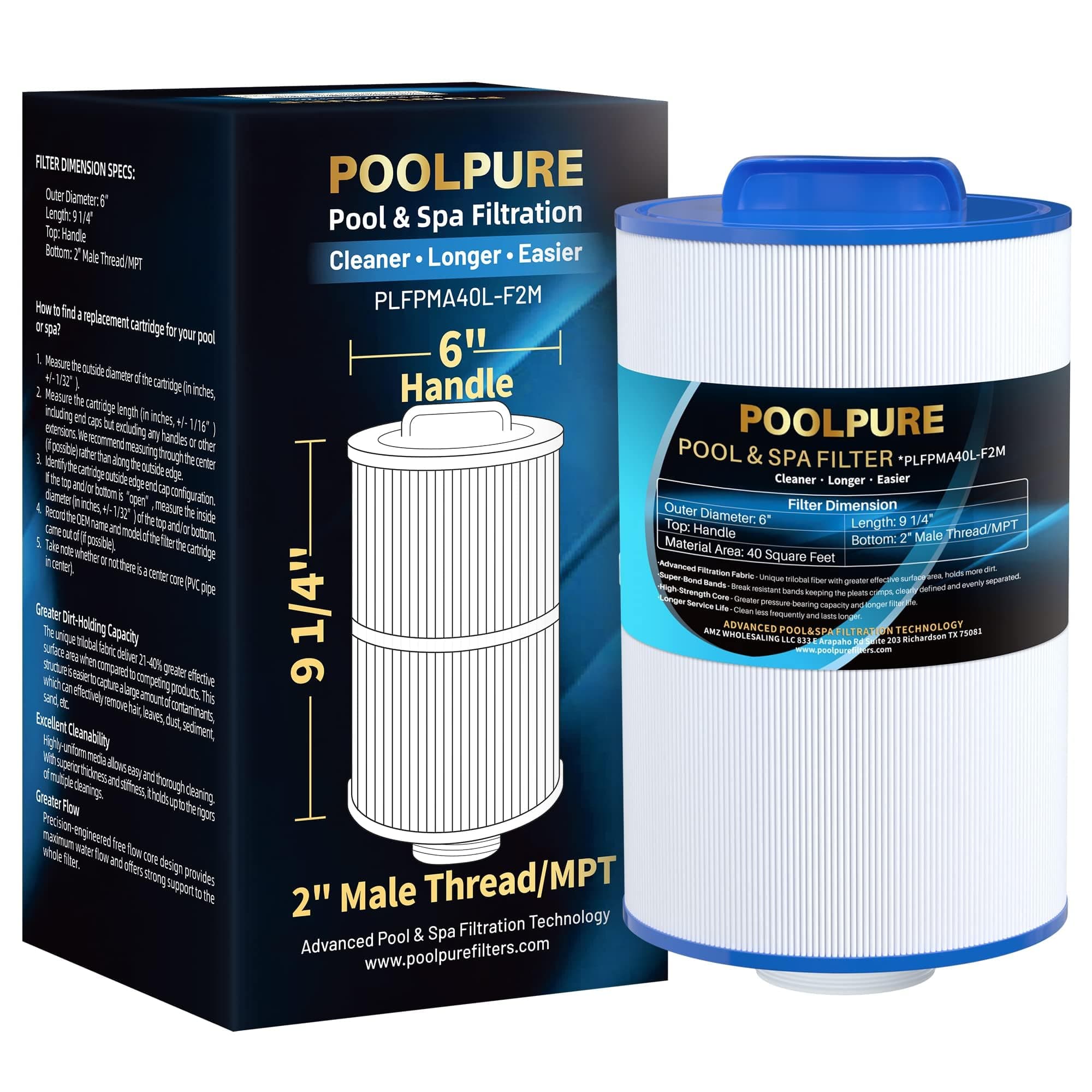 POOLPURE Replacement Spa Filter for PMA40L-F2M, Master Spas Twilight X268365, X268543, Unicel 6CH-402, 2" Male Thread/MPT, Length: 9 1/4" Hot Tub Filter