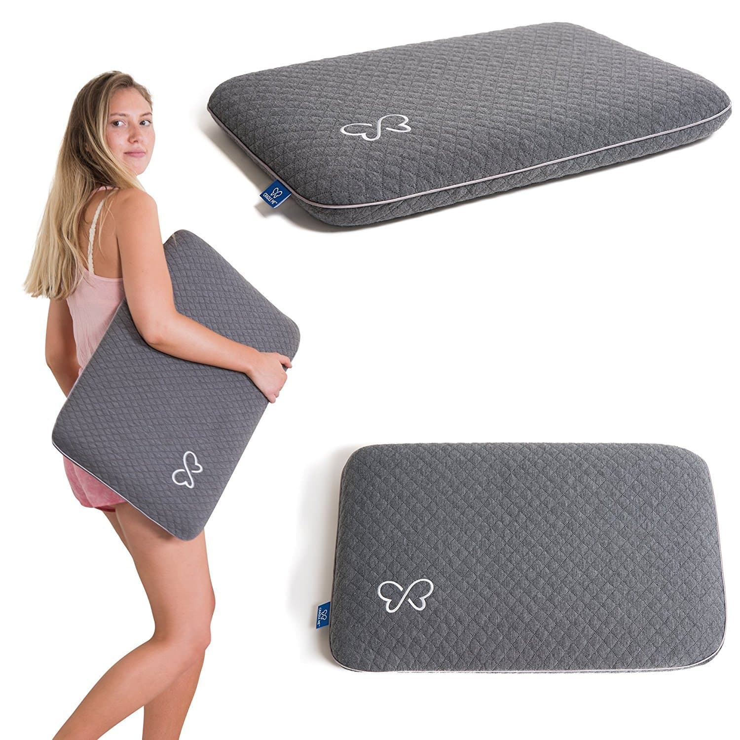 Memory Foam Pillow - Slim & Thin - Plush Luxury Pillow - Charcoal Gray