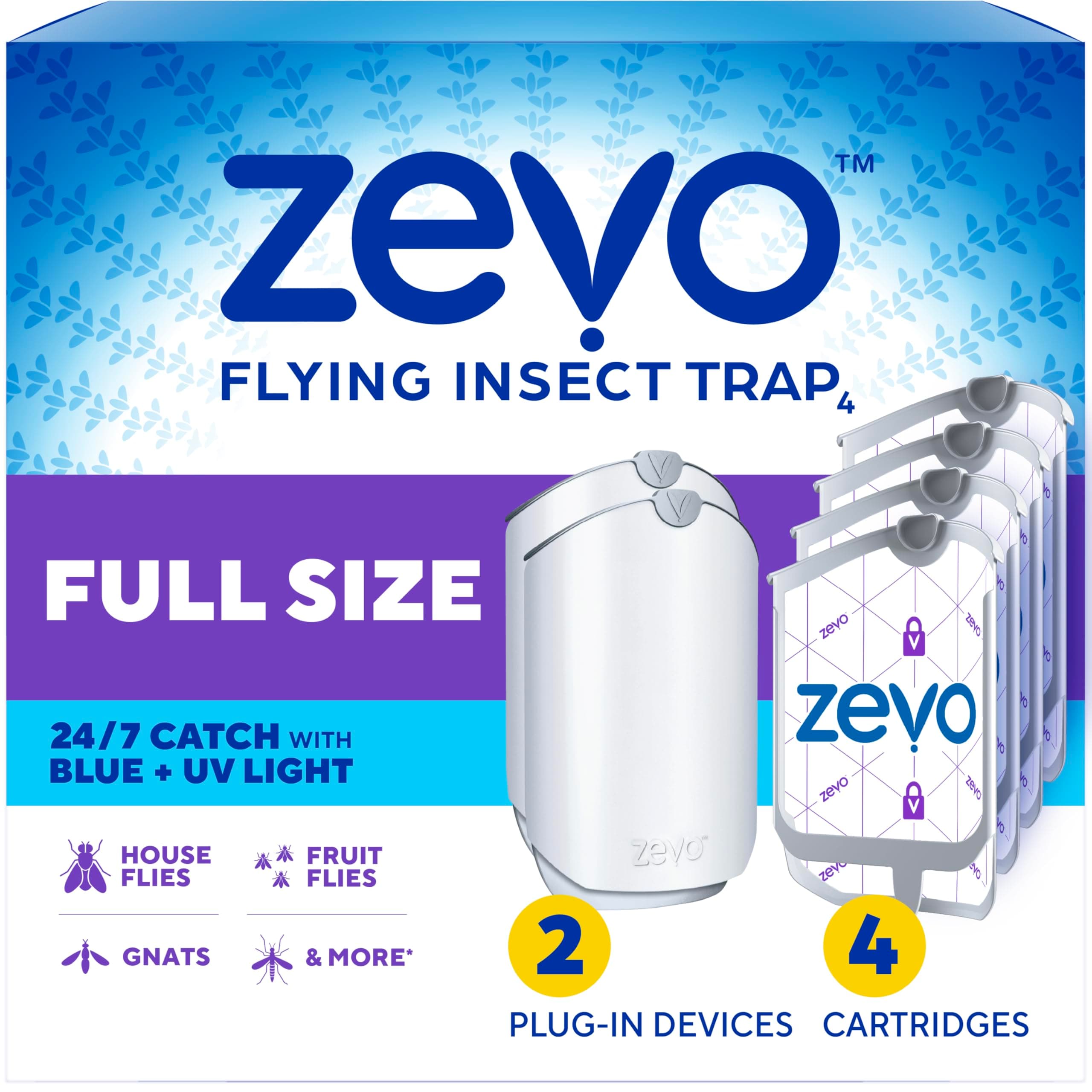 Zevo Flying Insect Trap, Fly Trap Value Pack + Refill Cartridge Pack (2 Plug in Base + 4 Total Refill Cartridges)