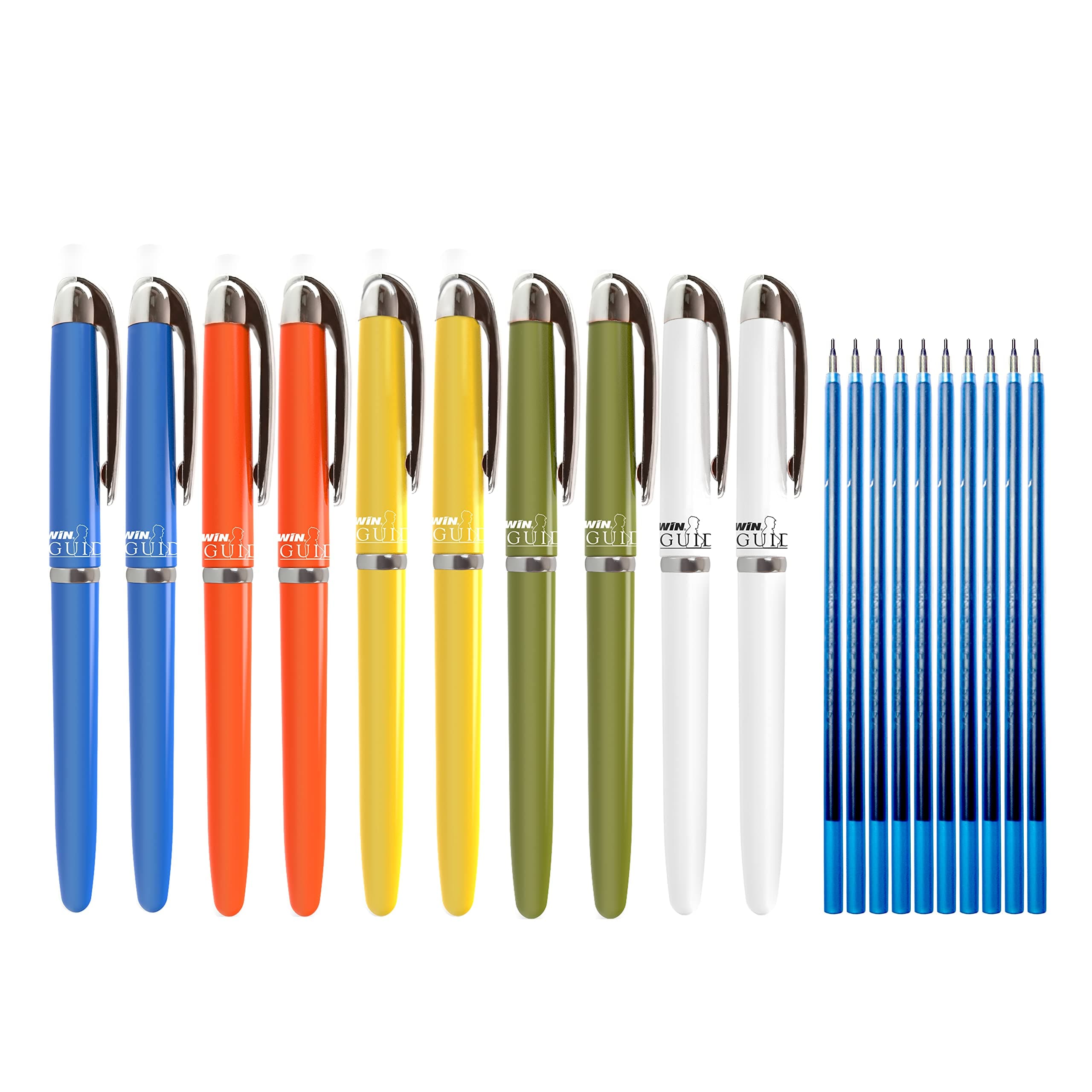 WIN Guide Ball Pens| 10 Pens and 10 refills, Blue|0.6 mm Tip for Smooth Writing|Lightweight Multicoloured Body available in 5 Colours|Refillable Pen|School,Office,Business Use|Ball Pens
