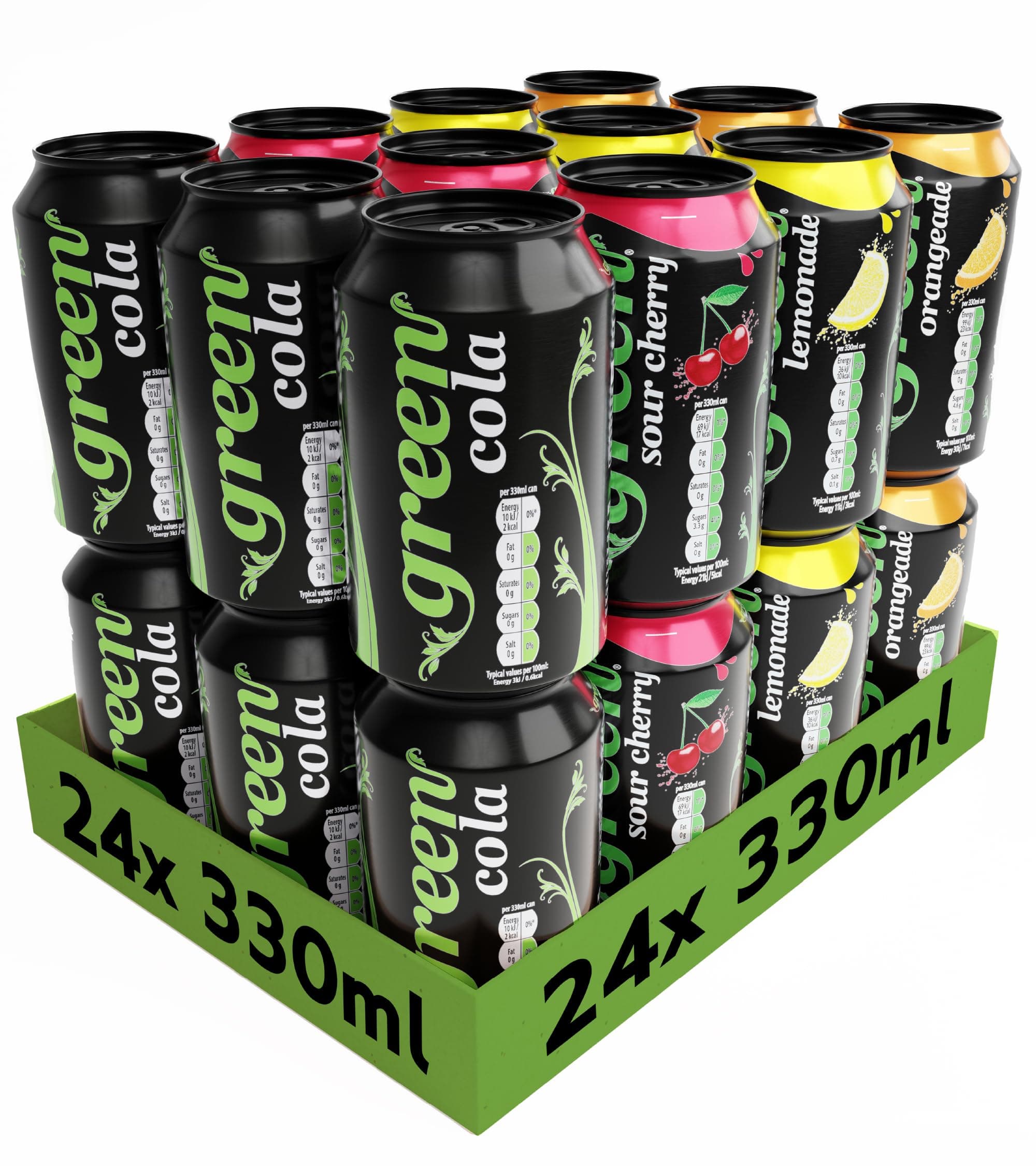 Green Drinks Variety Pack - Low Calorie Sparkling Soft Drinks - Cola, Lemonade, Orange, Cherry - Sweetened with Stevia, No Added Sugar, Natural Caffeine, No Aspartame - Bulk Pack 24 Cans x 330ml