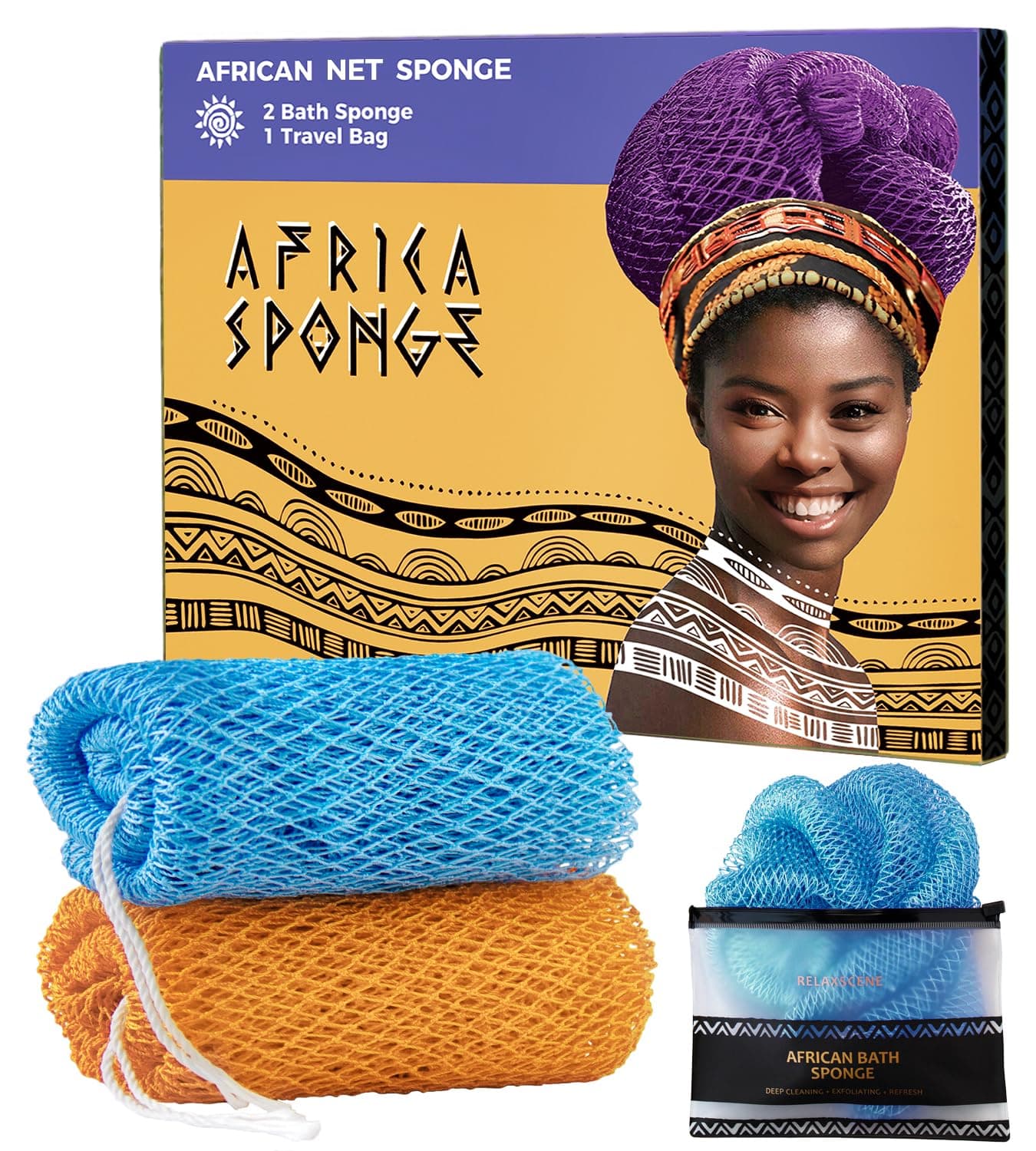 African Net Sponge Authentic - 2 Pieces Exfoliating Body Scrubber Bath Sponge Babyblue&Orange - Back Scrubber Washcloth for Shower - Real African Scrub Exfoliator Body Care Bathing Accessories