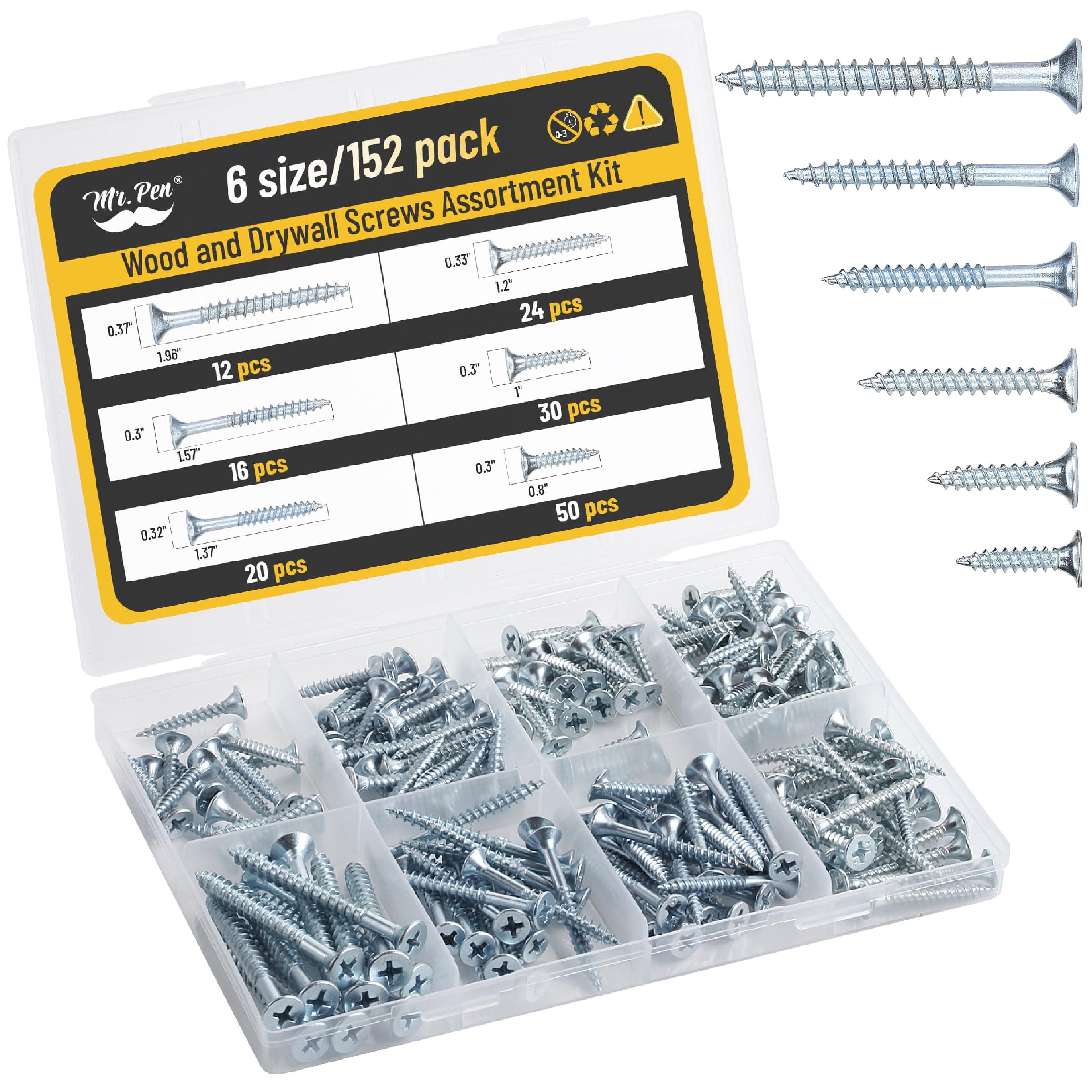 Mr. Pen- Wood Screws Assortment Kit, 152 pcs, Silver, Phillips Flat Head, 6 Sizes (2”, 1-1/2”, 1-1/4”, 1”, 3/4”, 1/2”), Durable Assorted Wood Screws for Woodworking & Household, Storage Box Included