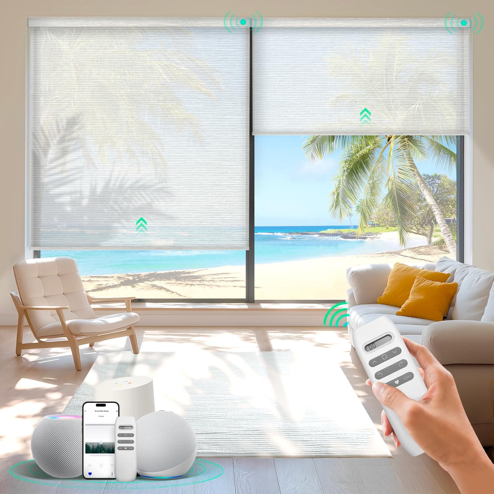 HeyBlinds Motorized Roller Shades, Smart Blinds for Windows, Remote Automatic Window Shades, Electric Shades, Light Filtering, Compatible with Alexa Google Apple Home (Light Chaser-Cream LF)