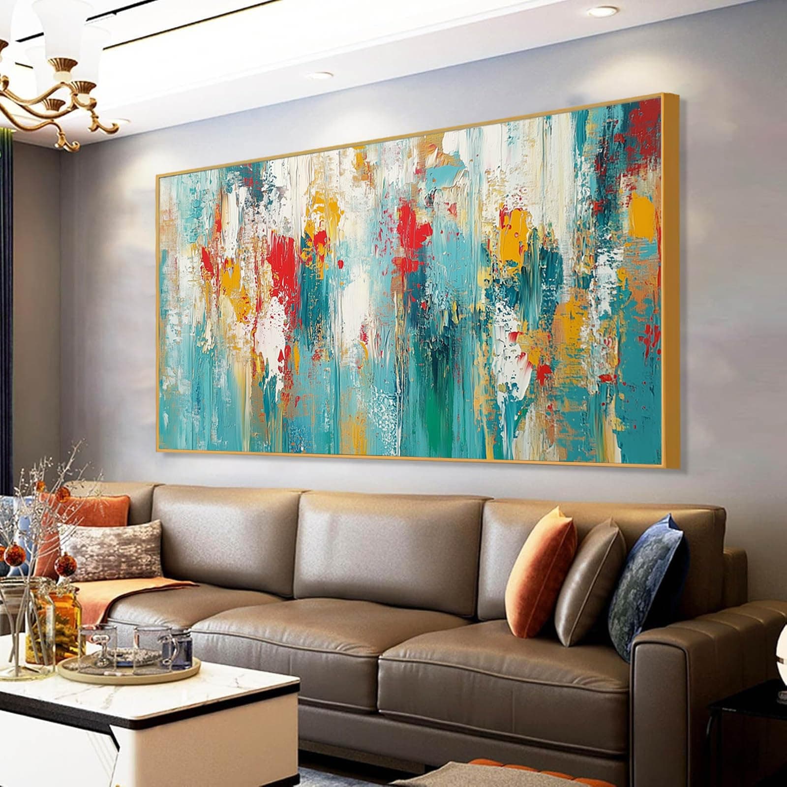 Extra Large Abstract Painting on Canvas, Abstract Wall Decor, Blue Gold Wall Art, Textured Style Artwork, Abstract Print Art, Modern Canvas Art Wall Decor, Wall Decor Office Living Room (Gold Frame, 23"x13"|60x35cm)
