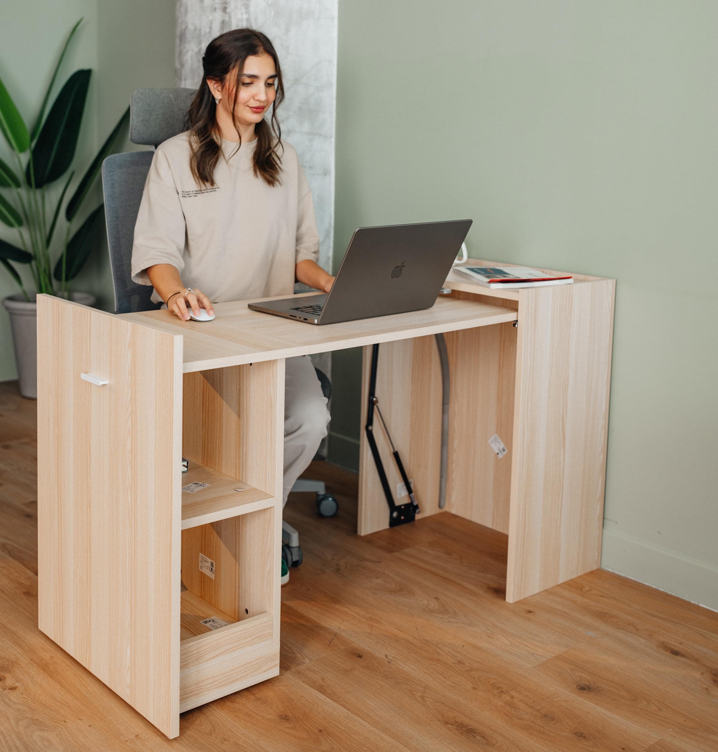 Skyland Space-Saving Foldable Transformer Desk with Storage Shelves – Modern Convertible Workspace for Home, Office, and Small Rooms, Stylish table (Wood)