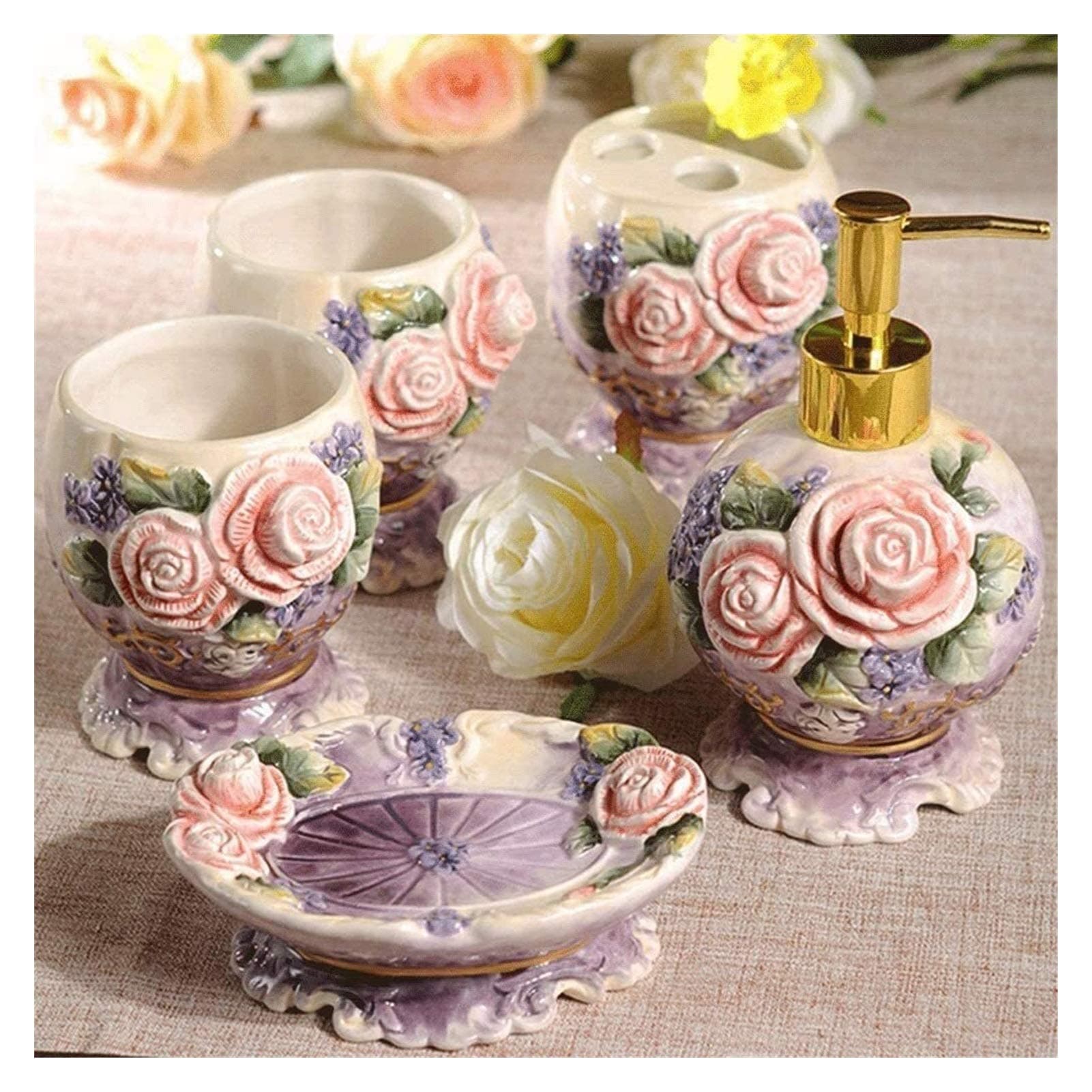 Foaming Soap Dispensers Soap bottle 5-Piece Ceramic Bath Accessory Set Includes Liquid Soap or Lotion Dispenser Toothbrush Holder, Tumbler, Soap Dish Elegant Rose Carving Decoration Suitable for comme