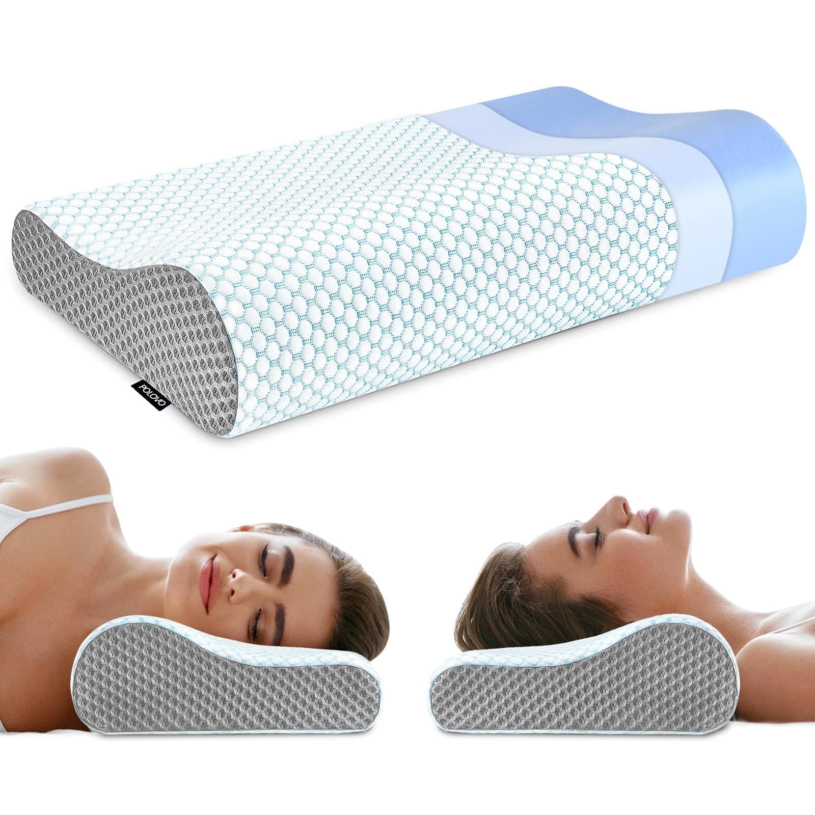 Memory Foam Pillows Neck Pillow Bed Pillow for Sleeping, Ergonomic Cervical Pillow for Neck and Shoulder Pain Relief,Orthopedic Contour Pillow for Side Back Stomach Sleeper(Blue&Grey)