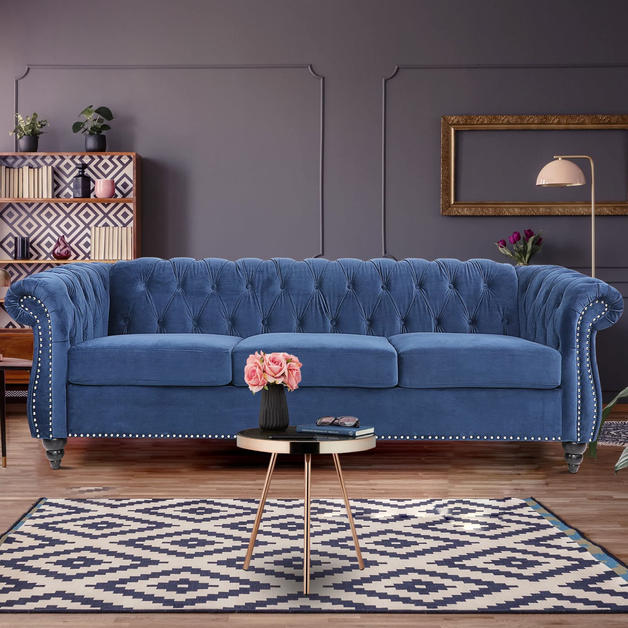 Chesterfield Sofa, Modern Velvet Tufted Couch 3 Seater with Scroll Arms and Nailhead for Living Room, Bedroom, Office, Apartment (Blue)