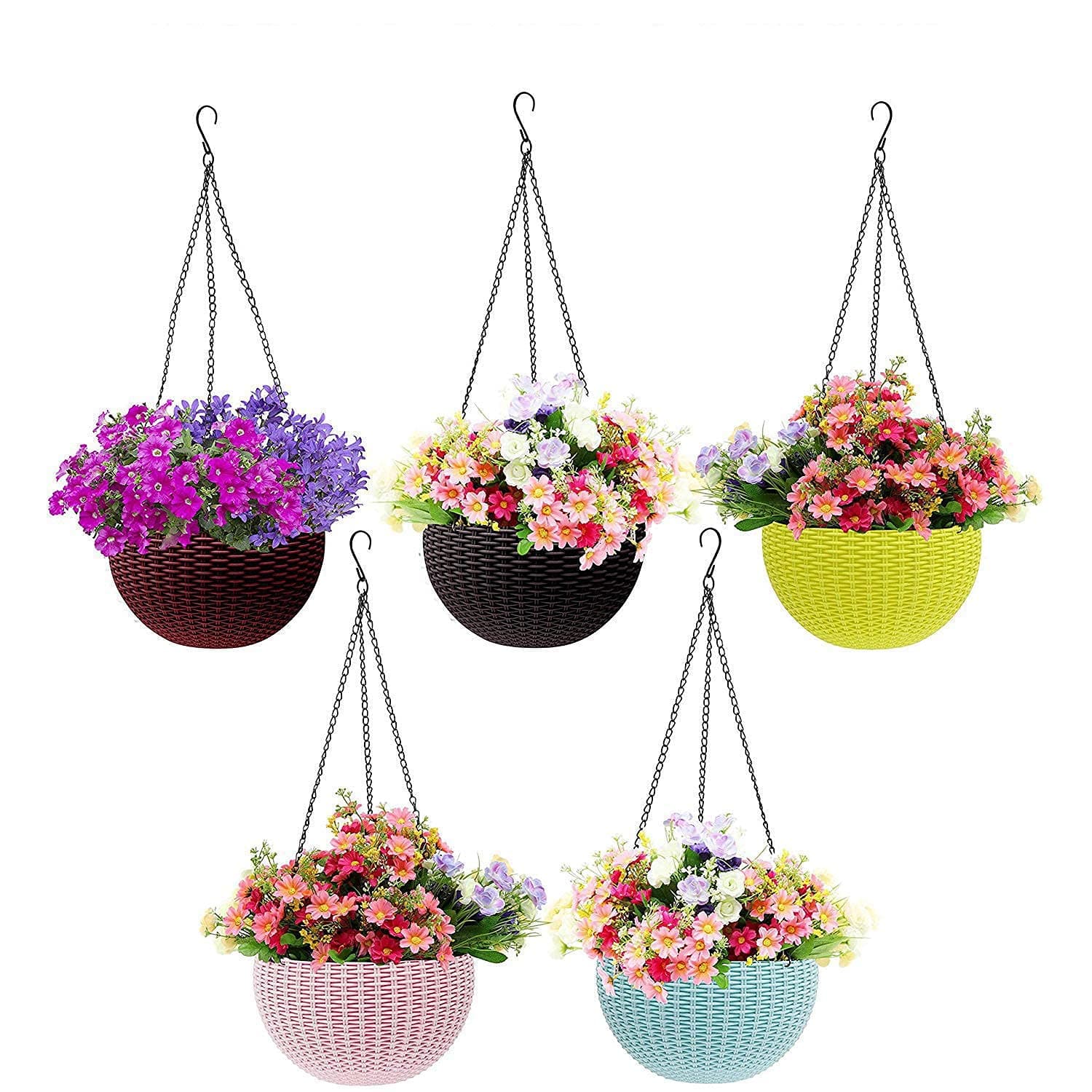 Go Hooked Plastic Hanging Planters with Chain Set of 5 – UV-Stabilized, BPA-Free for Balcony, Garden, Indoor & Outdoor Décor, Rattan-Style Finish, Multicolor Pots, 7.1 Inch Diameter