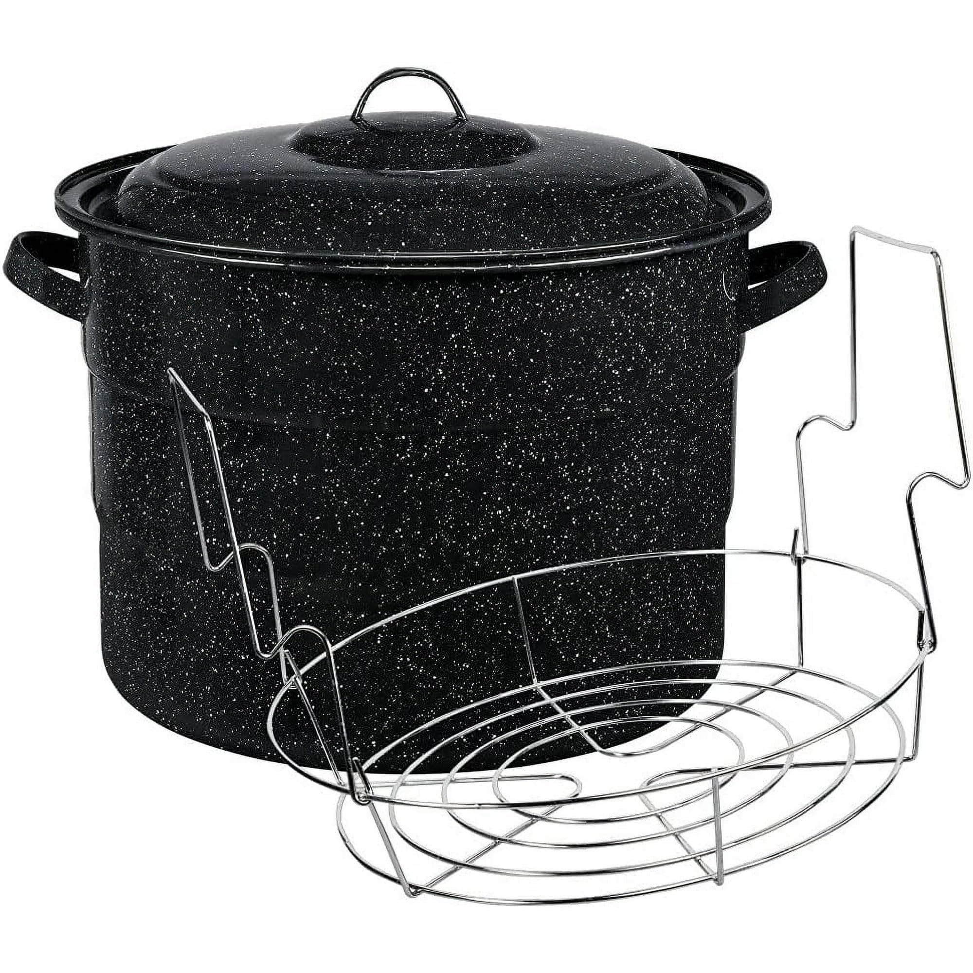 Canning Pot with Rack and Lid - Large 21 Quart Boiling Water Canning Set for Sterilizing and Preserving Jars on the Stovetop/Open Flame - Scratch Resistant Enamel and Steel Core (Black)