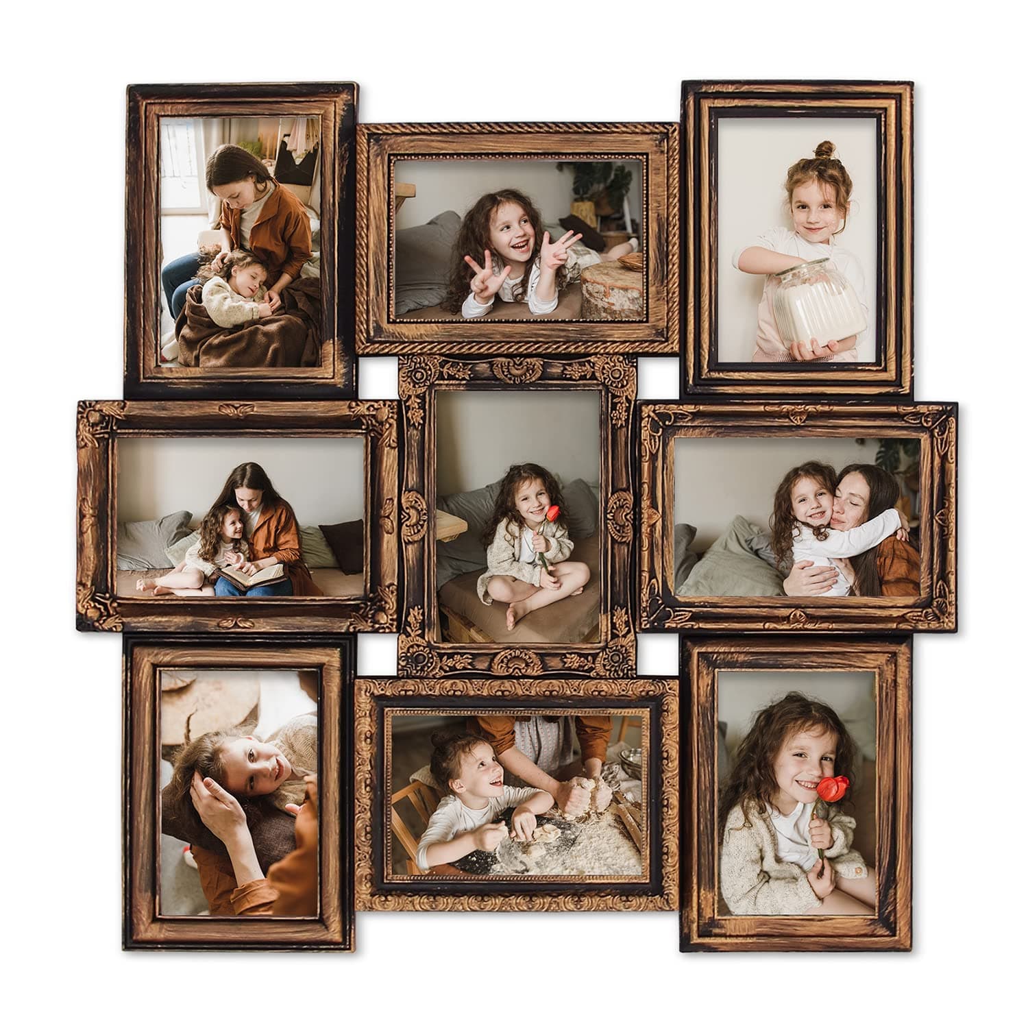 HELLO LAURA - 9 Opening Photo Frame Classic Royal Rustic Bronze Frame 18 x 18 Wall Hanging Photo Frame for 4 x 6 inch Photo Sockets x 9 Frame Edge | Gallery Style