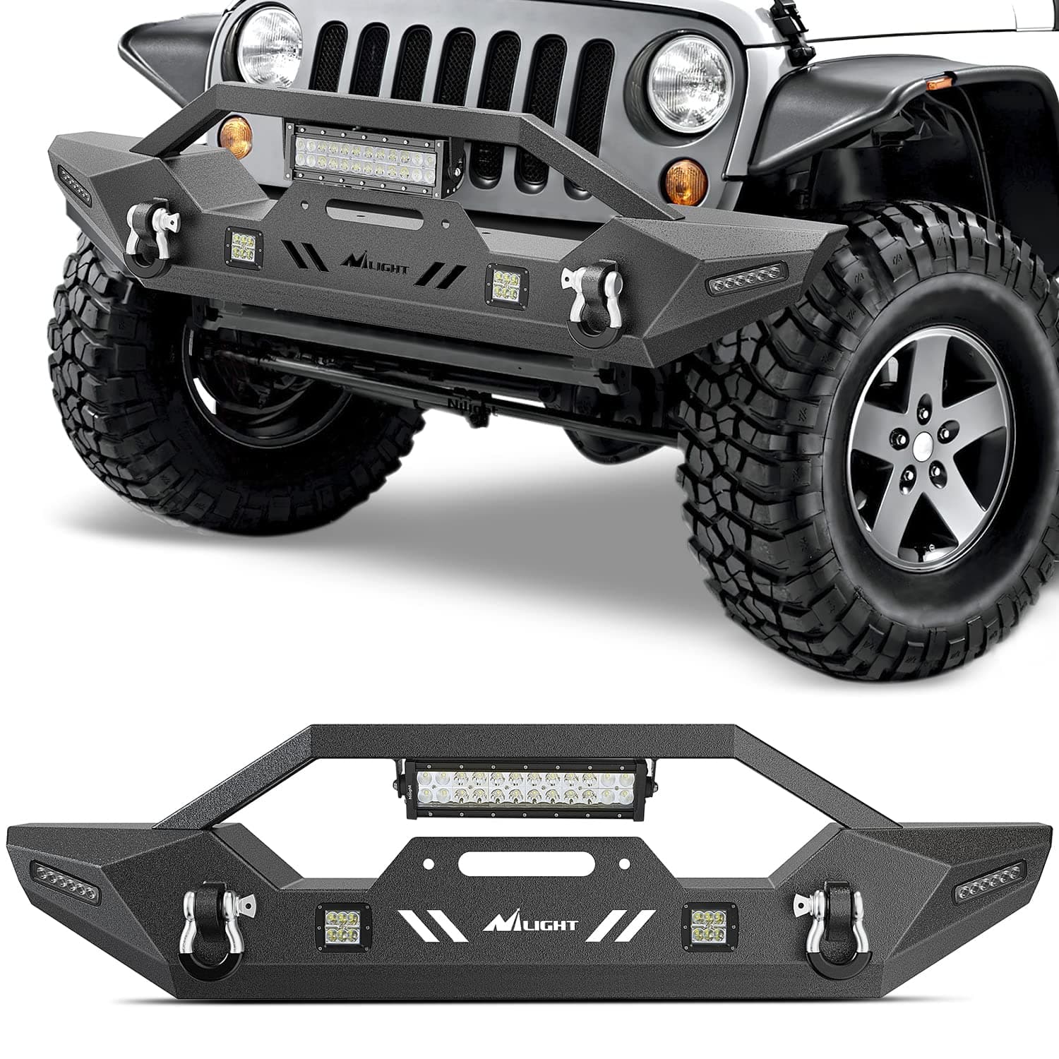 Nilight Front Bumper Compatible for 2007-2018 Wrangler JK/JKU 2018-2025 JL/JLU 2020-2025 Gladiator JT with 72W LED Bar 2 x 18W Pod 2X 18W Single Row Winch Plate